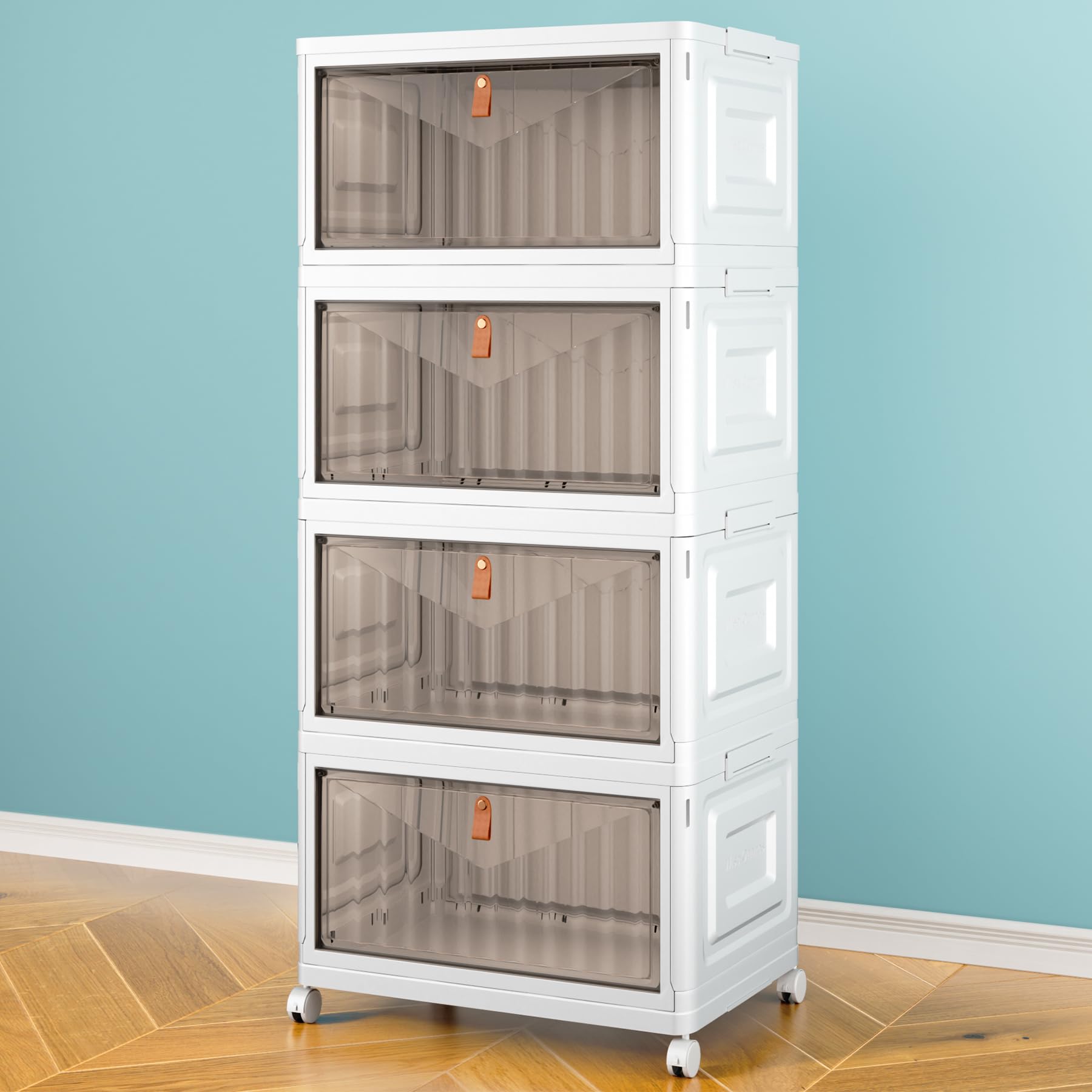 4-Tier Modular Storage Bins with Lids & Wheels – 23QT Foldable Plastic Organizer Drawers, White