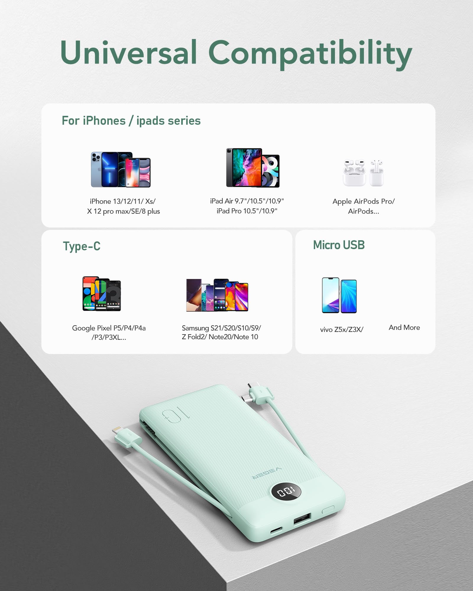 Slim 10000mAh Portable Charger with Built-In Cables & Wall Plug – Fast Multi-Device Power Bank