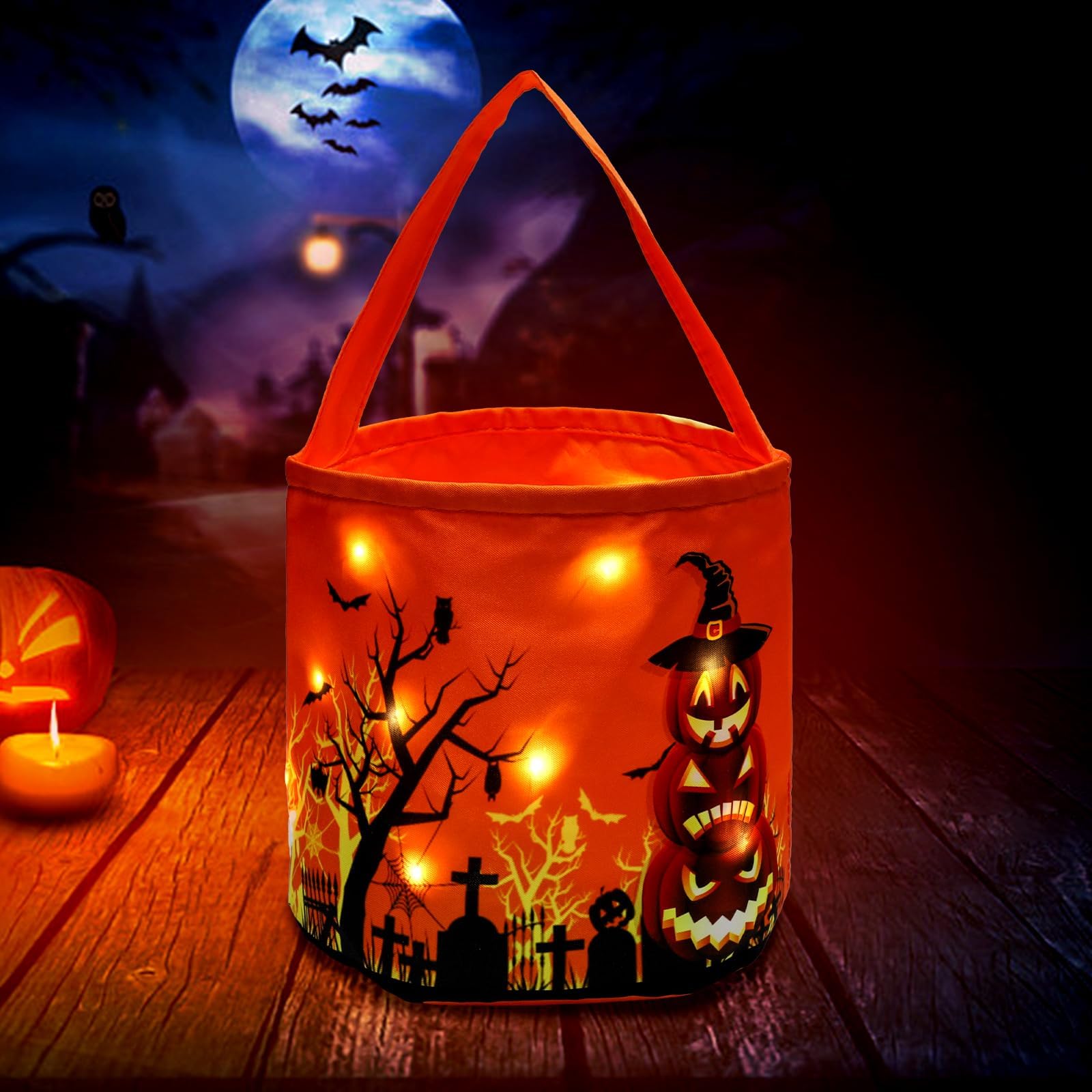 LED Light-Up Halloween Trick or Treat Bag – Pumpkin Design, Large Candy Bucket (Orange, 9x9 in)