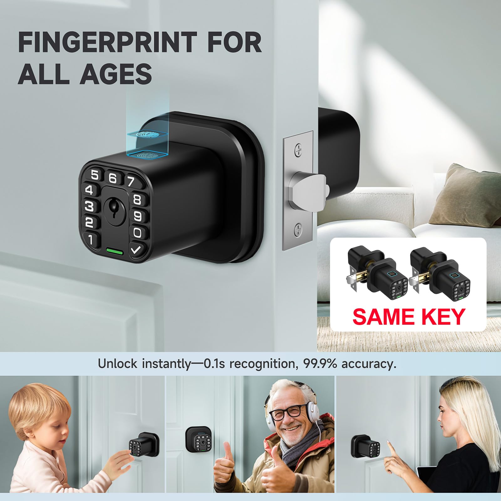 Fingerprint Keypad Door Knob Lock 2 Pack with Same Key, Biometric Smart Entry Lock for Home, Office & Garage Doors