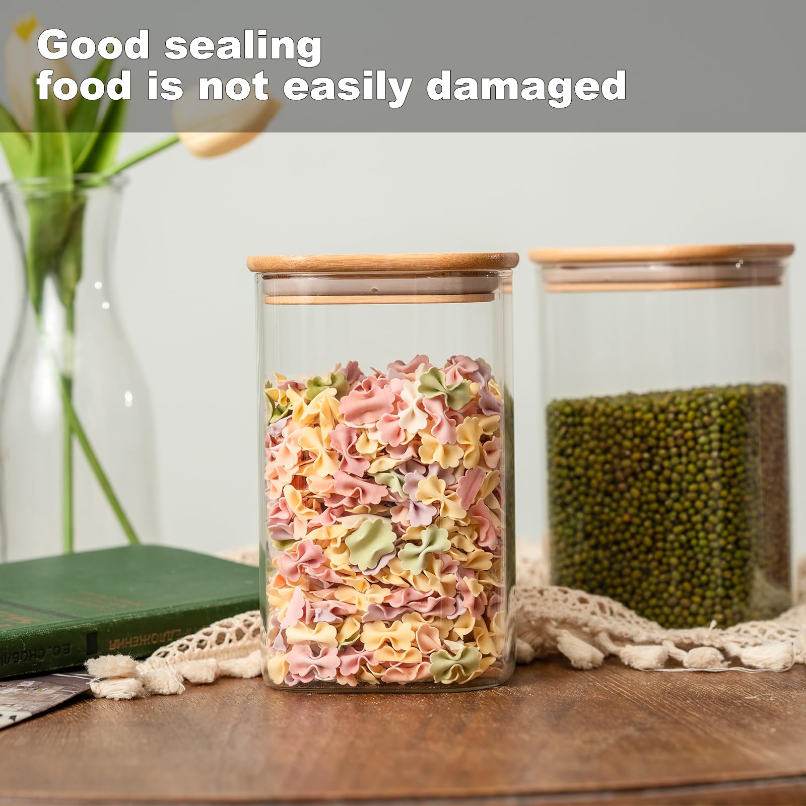 Square Glass Food Storage Jars – 6-Piece 37oz Airtight Kitchen Storage Container Set