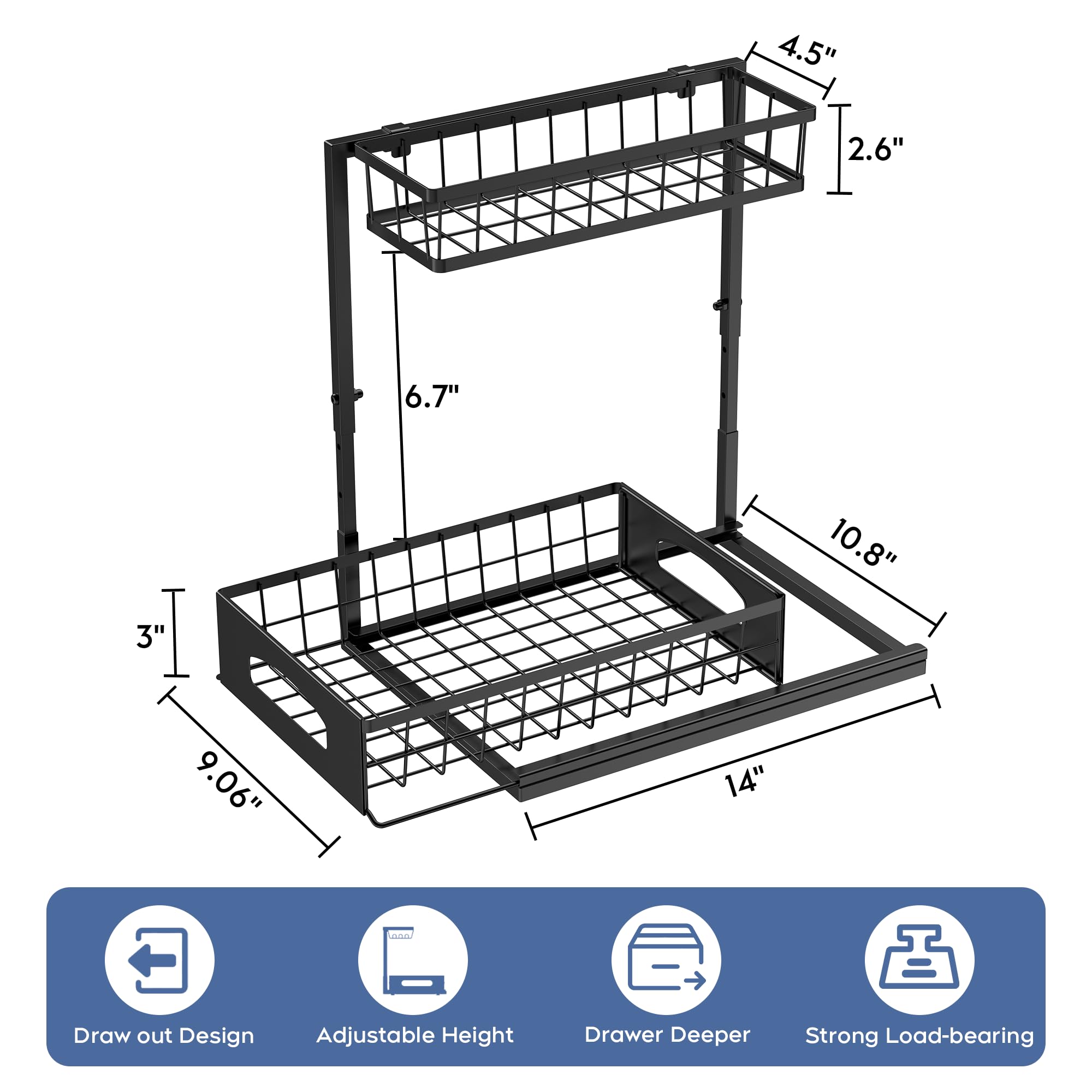 Height-Adjustable 2-Tier Under Sink Organizer (2-Pack) – Slide-Out Cabinet Storage with Secure Basket Design, Black