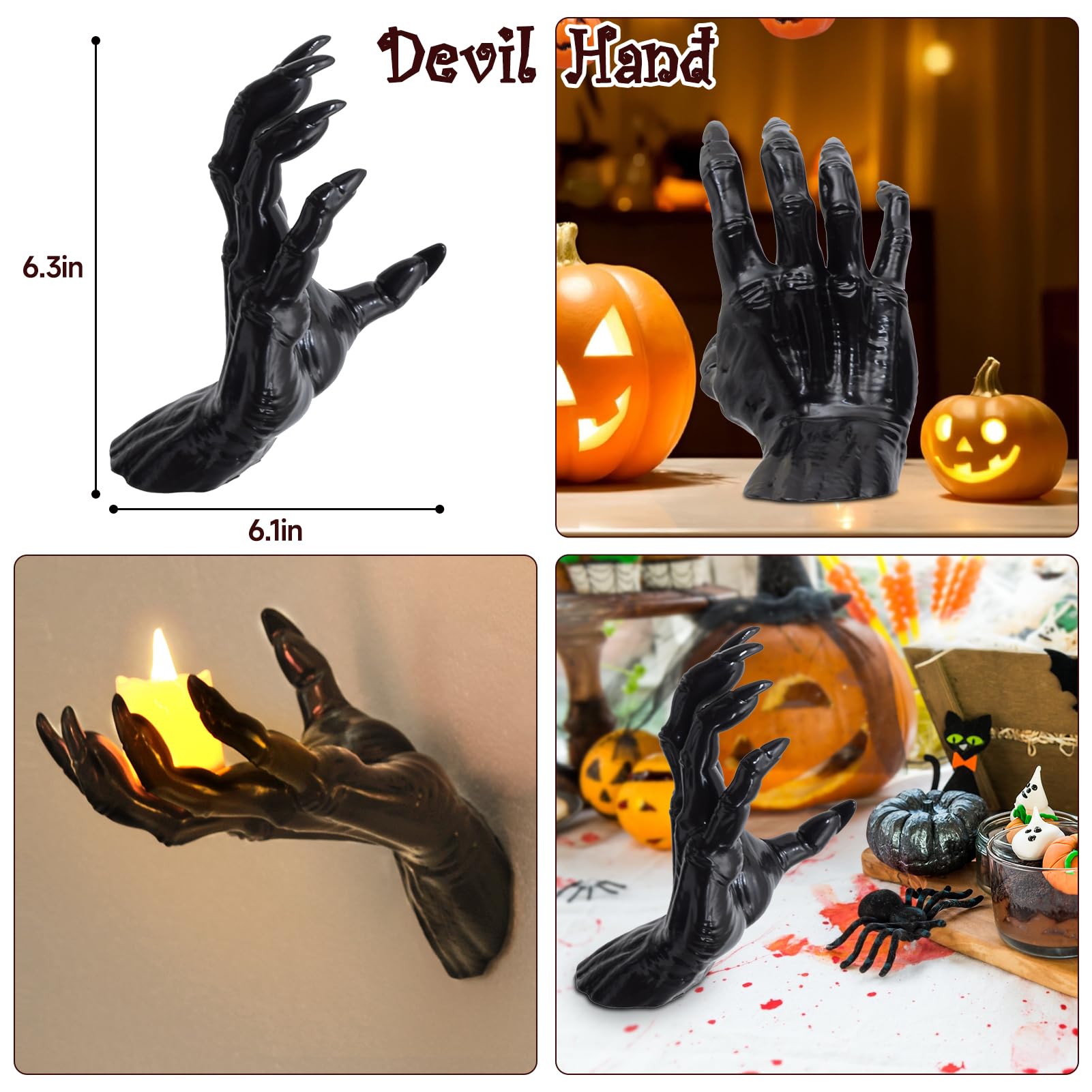 3D Creepy Wall Hands Halloween Decoration Set – Black Resin Spooky Hands with Candles & Mounting Kit, Gothic Wall Decor for Haunted Homes