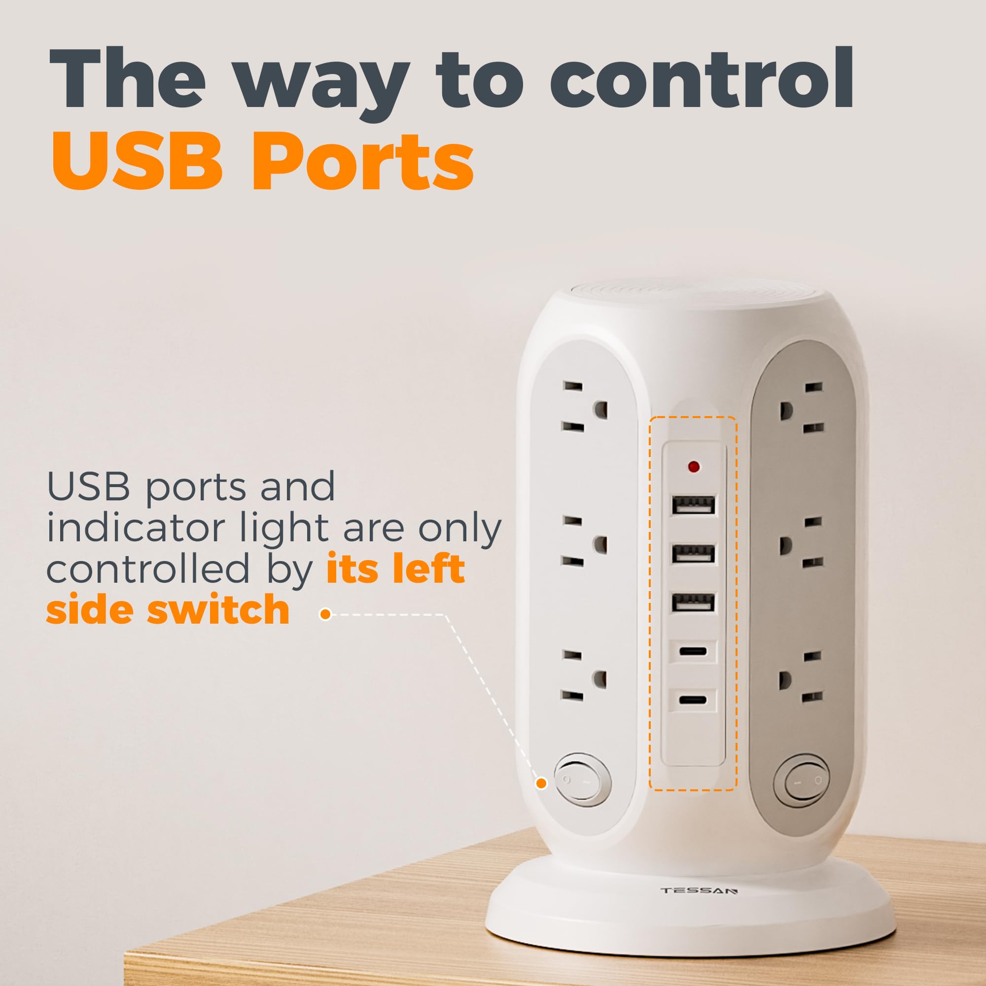 TESSAN 17-in-1 Tower Power Strip Surge Protector with 12 Outlets, 5 USB Ports & Individual Switches Flat Plug Extension Cord