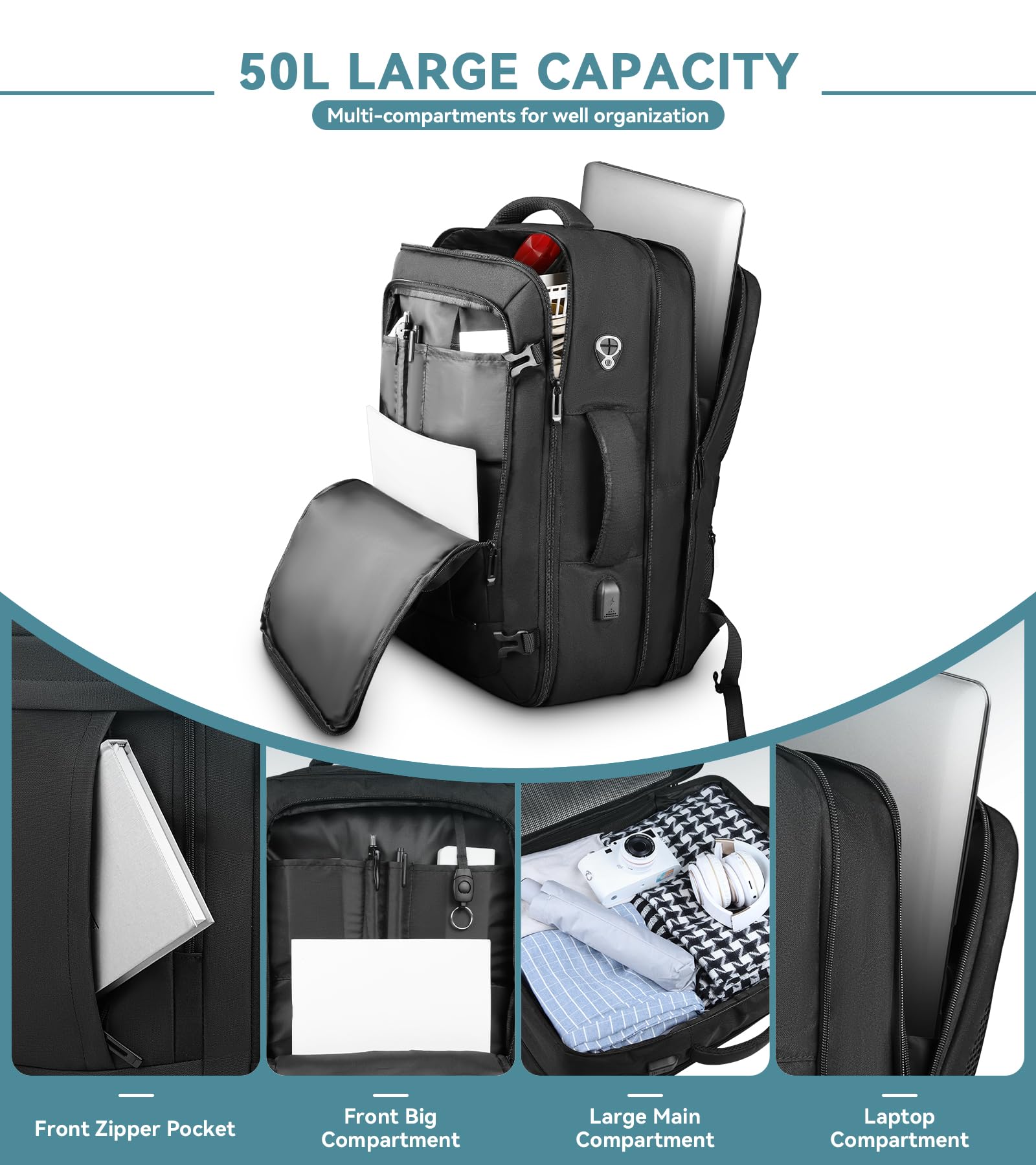 AREYTECO 50L Expandable Carry On Travel Backpack with USB Port, TSA Lay-Flat Design and 17” Laptop Compartment