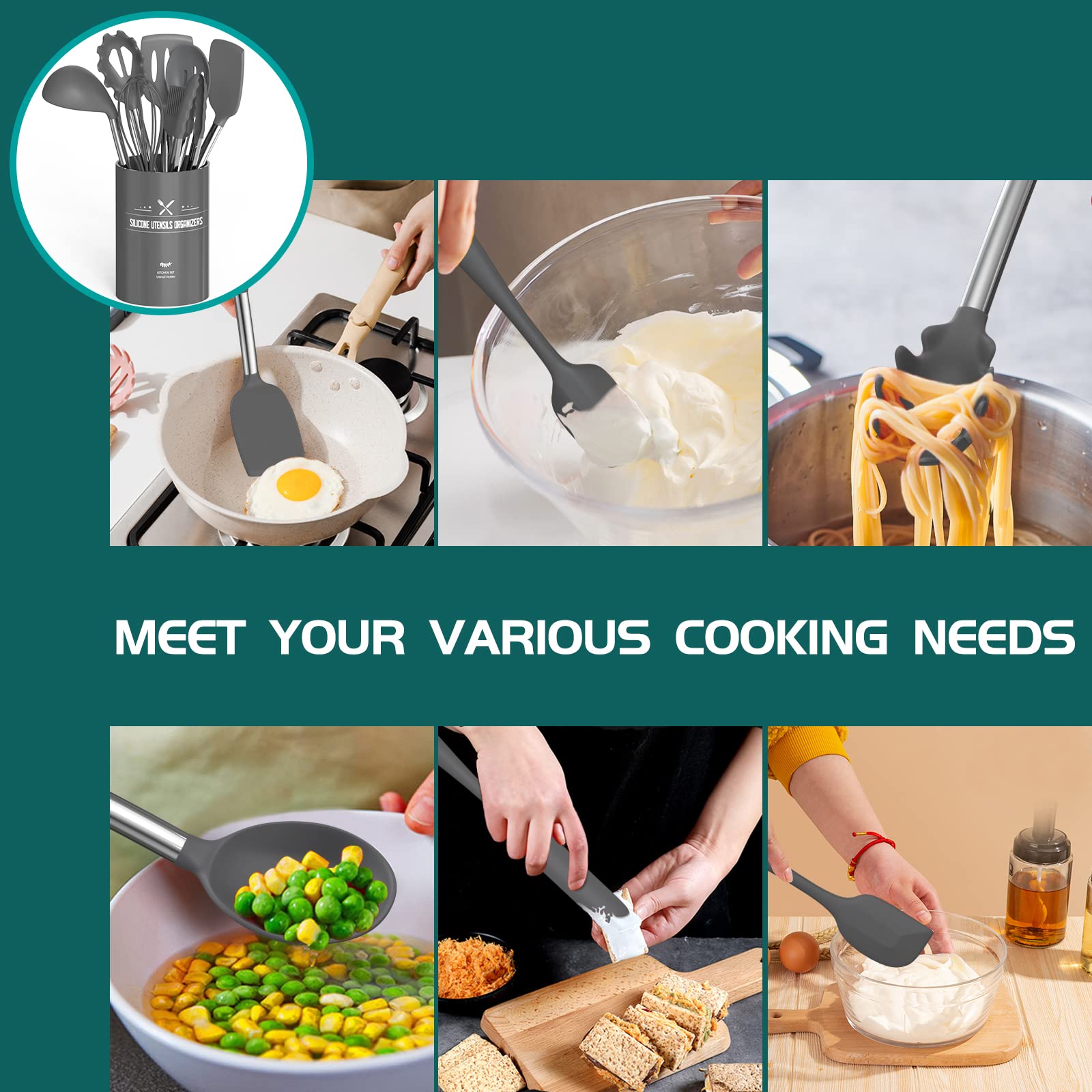15-Piece Premium Silicone Kitchen Utensil Set with Stainless Steel Handles & Holder – Gray