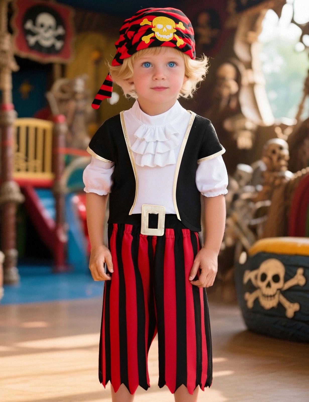 Baby Boy Pirate Costume – Classic Black Cotton Buccaneer Outfit with Hat, Ruffled Top & Jagged Pants for Halloween and Parties