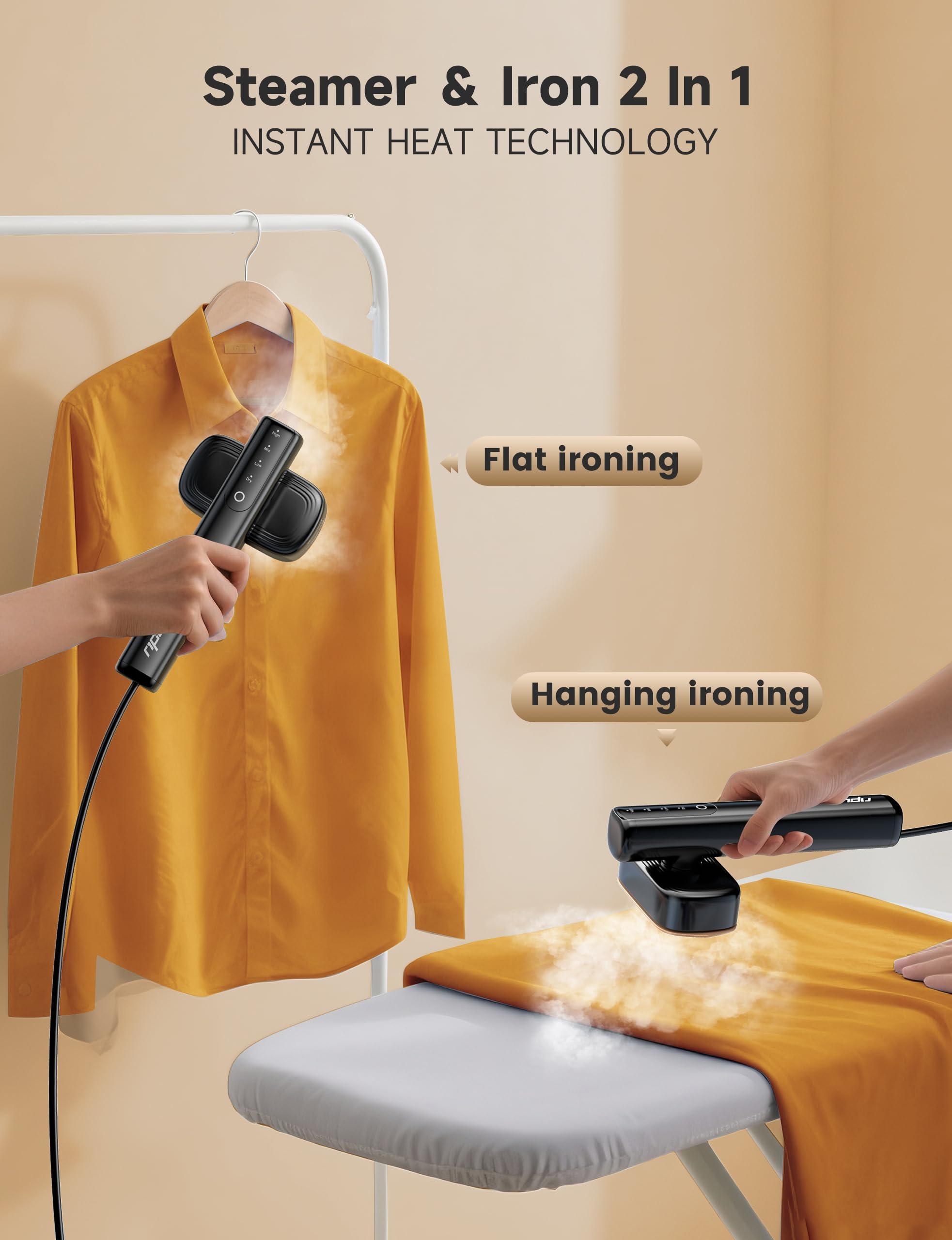 Compact 2-in-1 Travel Garment Steamer Iron with LED Display, Fast Heat Portable Wrinkle Remover for Clothes