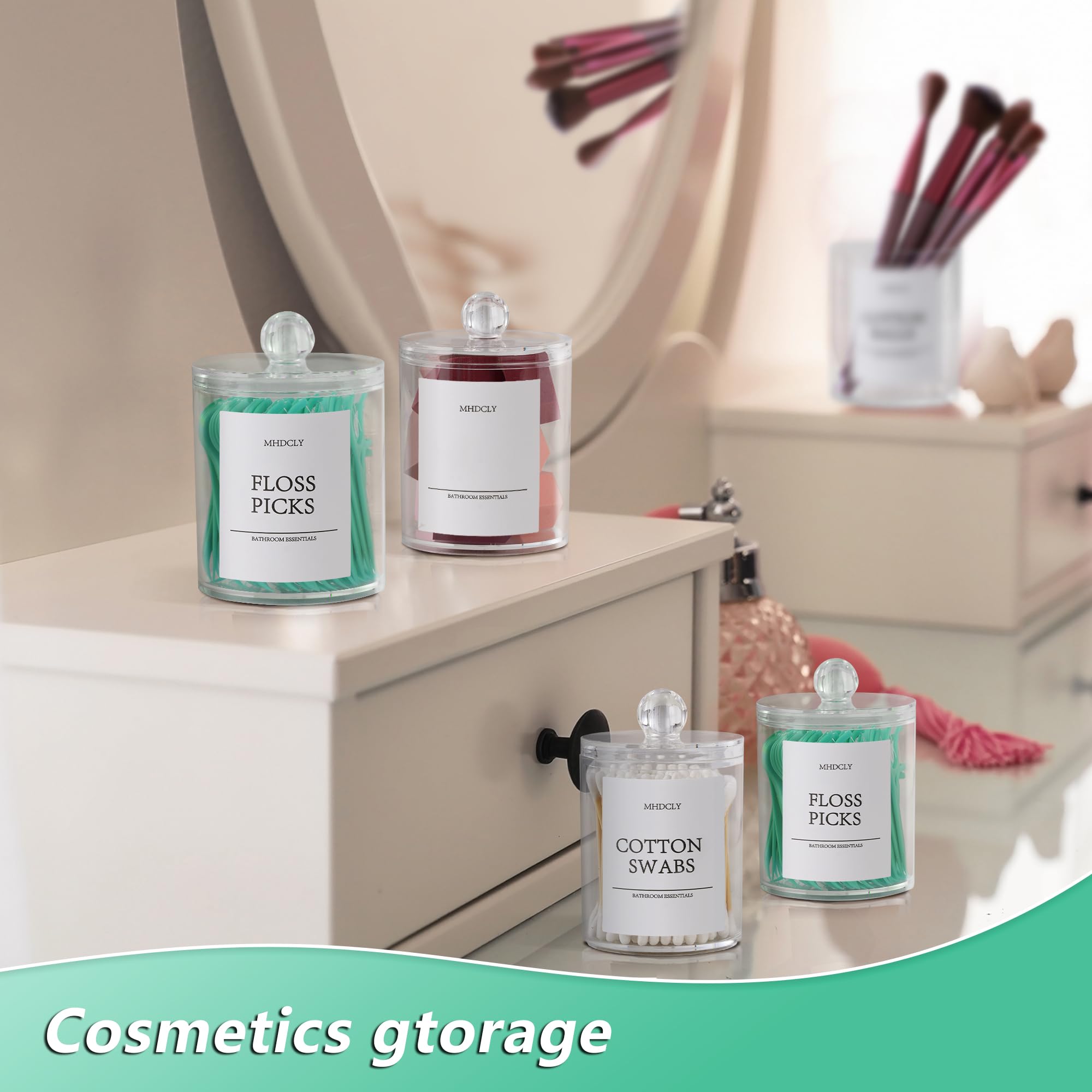 Clear Bathroom Organizer Canisters with Plastic Lids (4-Pack) – Qtip, Cotton & Vanity Storage Set with Labels