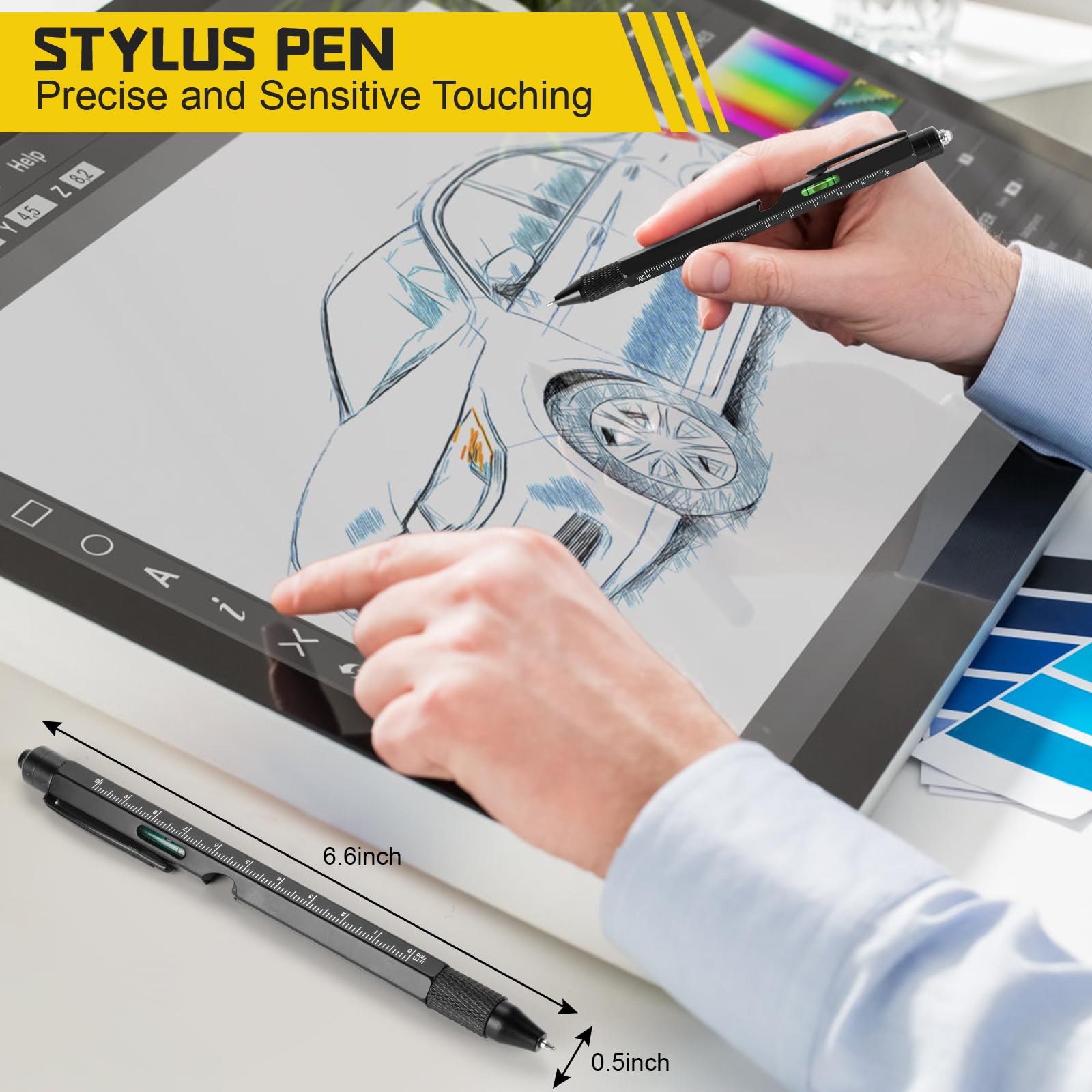 9-in-1 Multi Tool Pen with LED Light, Stylus & Screwdrivers – Aluminum EDC Gadget Gift Set Black