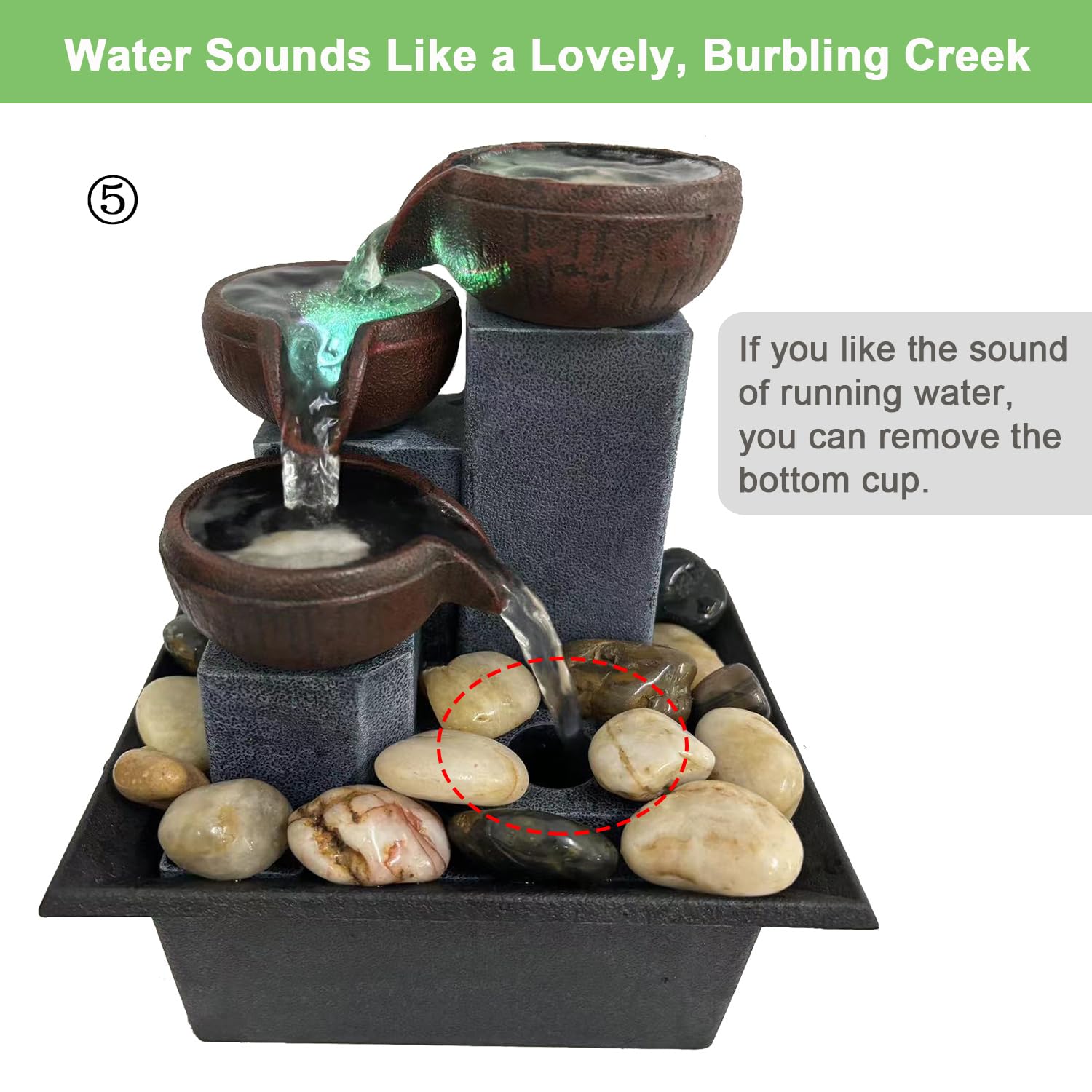 LED Mini Desktop Waterfall Fountain with Natural River Stones & ON/OFF Switch – Style 1