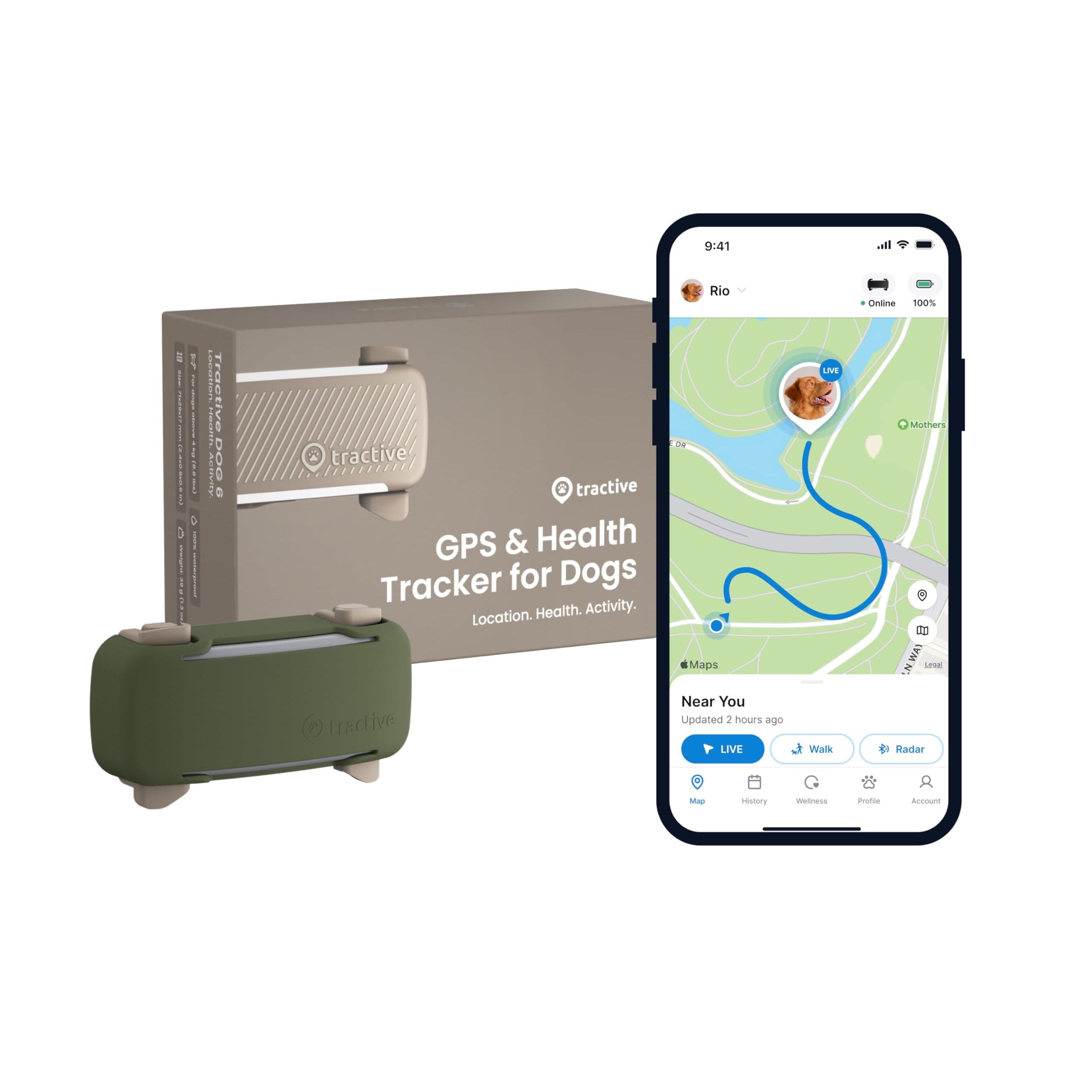 Tractive Real-Time GPS Dog Tracker Bundle with Olive Cover – Waterproof Smart Pet Tracker with Health Monitoring (Brown)
