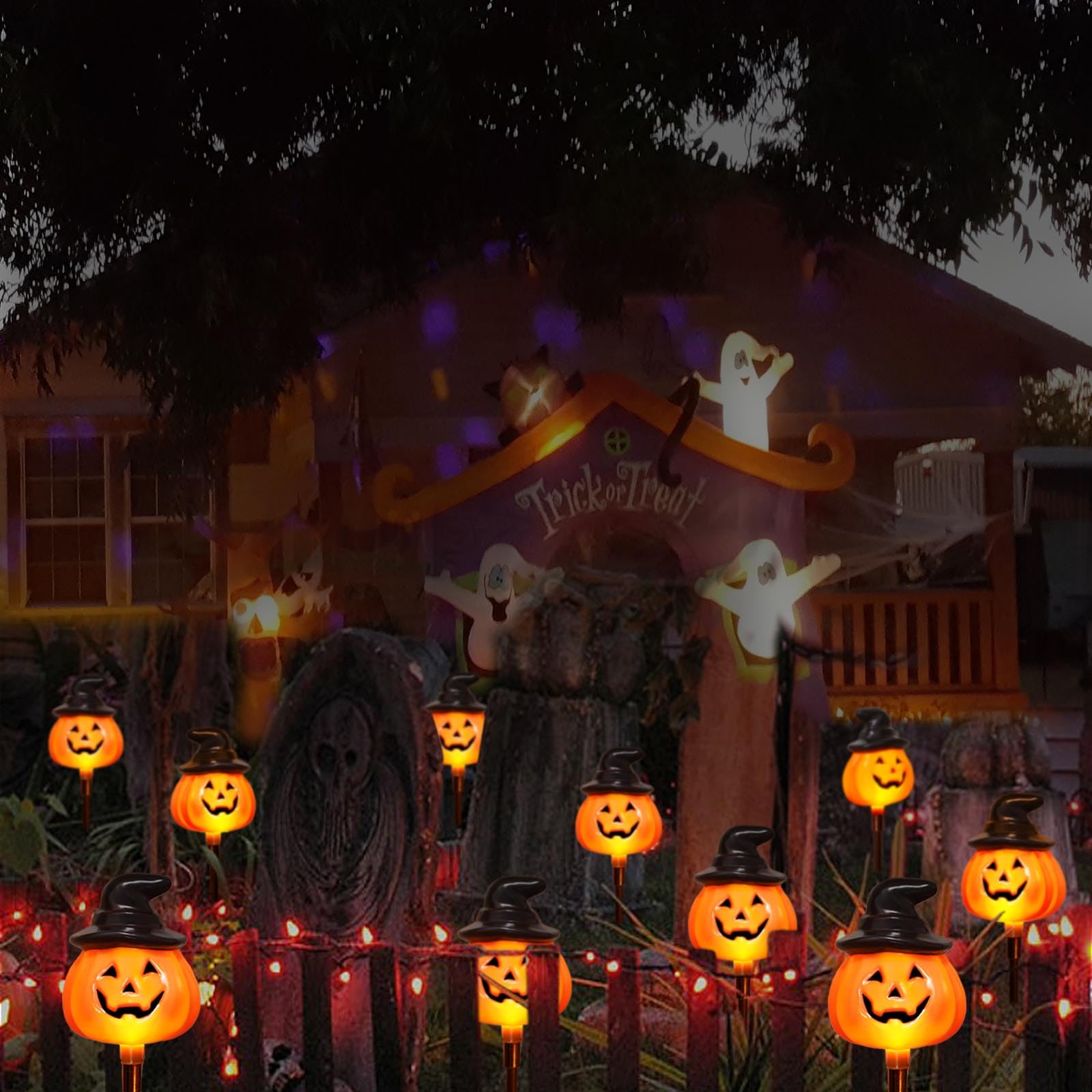 Solar Pumpkin Pathway Lights with Witch Hat – Outdoor Halloween Decorations with 8 Modes & Warm White LEDs (Orange, 2-Pack)