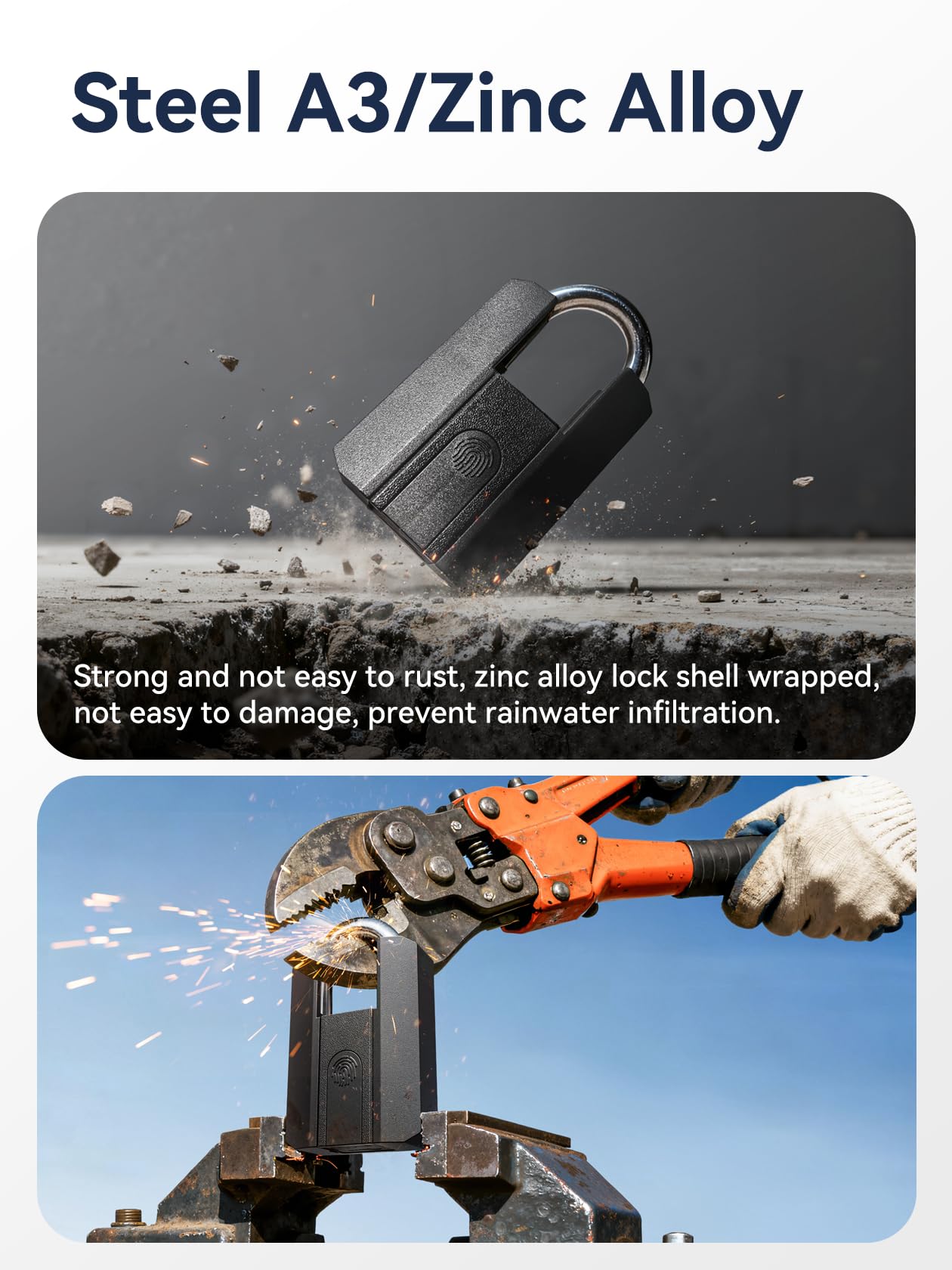 Heavy Duty Fingerprint Smart Padlock with TTLock App Control, IP67 Waterproof Biometric Lock with Type-C Rechargeable Battery