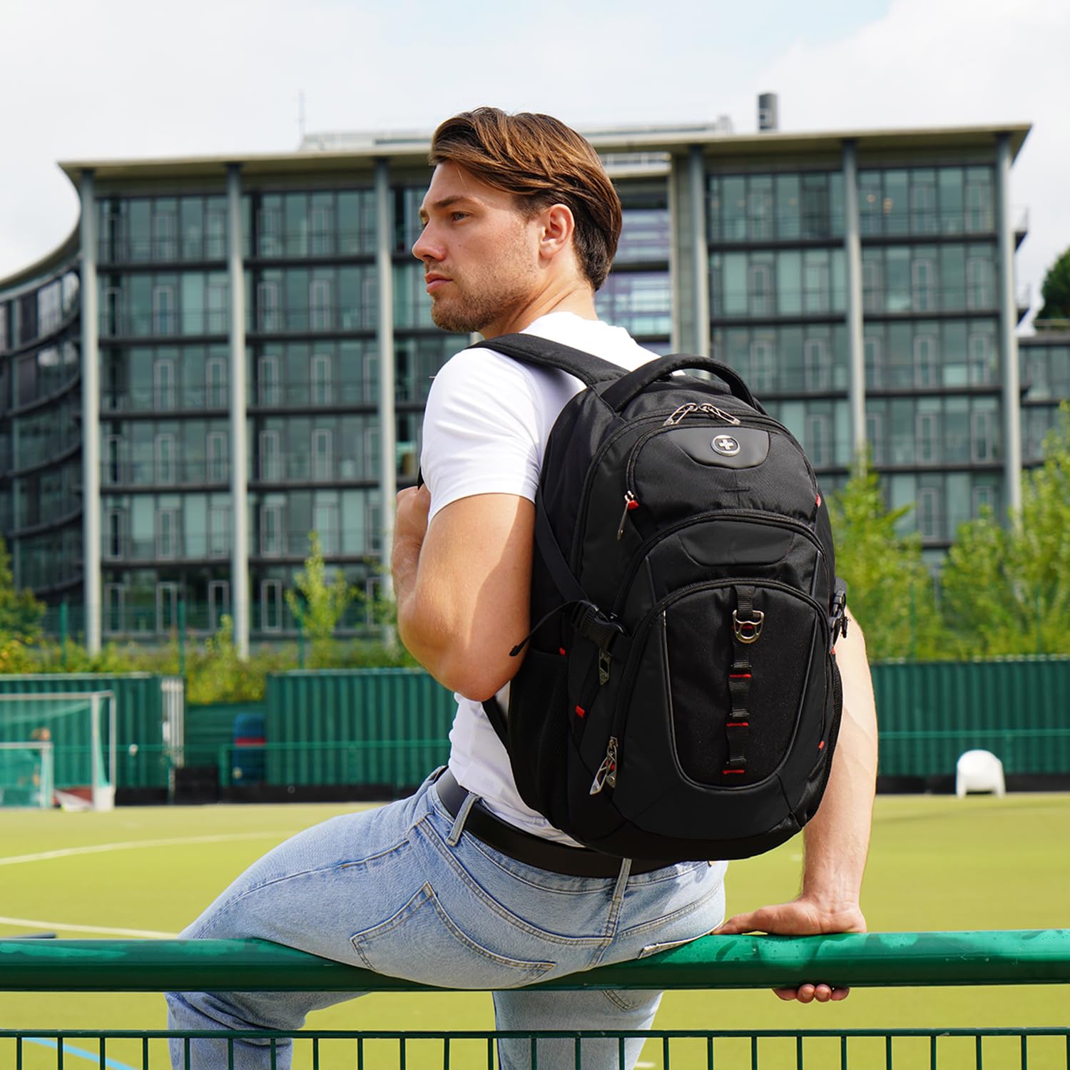 Swissdigital Design Laptop Backpack with USB-C Charging & RFID Protection – 31L Professional Travel & College Backpack (Black)