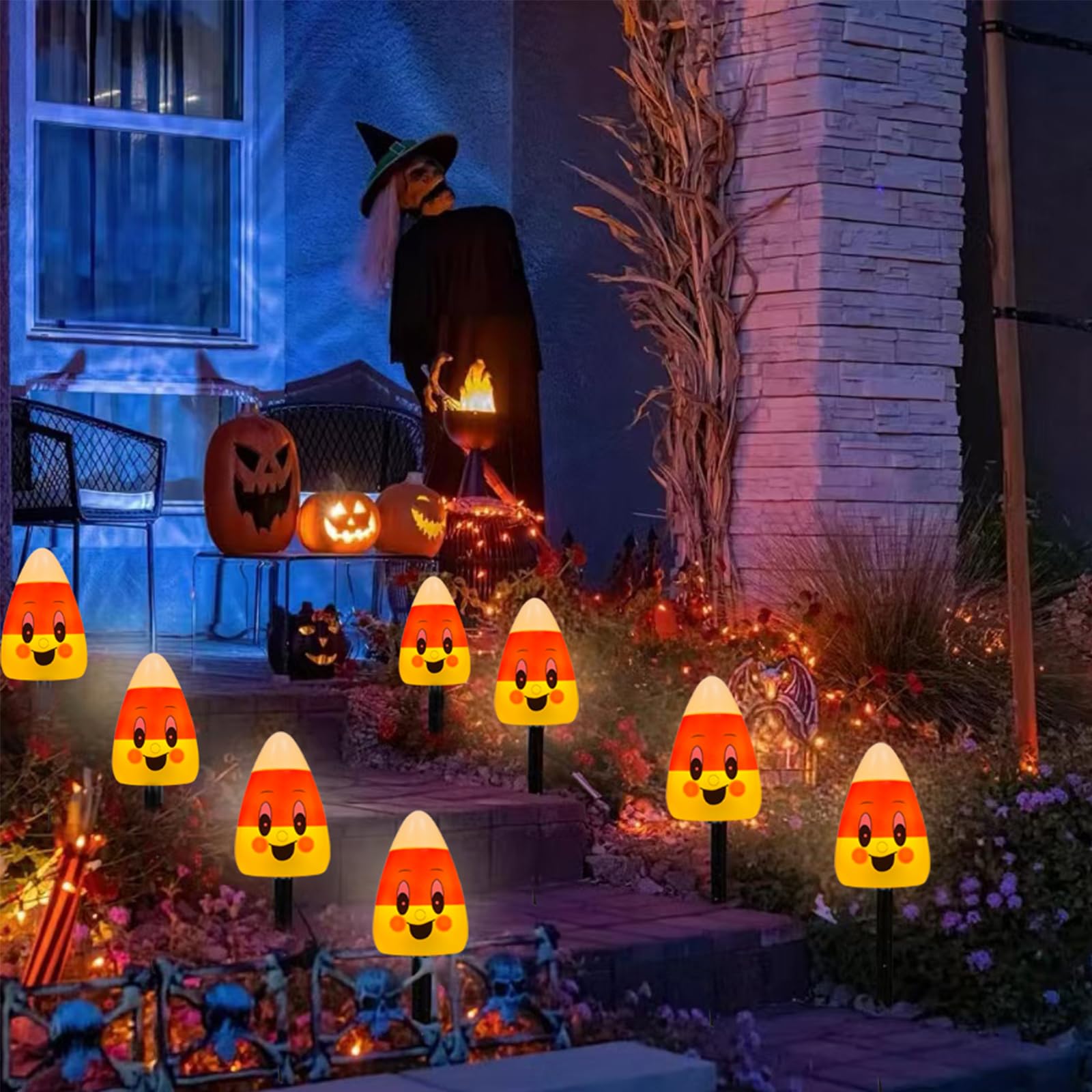 7FT Halloween Candy Corn Pathway Lights – Outdoor LED Walkway Marker Stakes (4 Corncob Lights, Waterproof, Connectable)