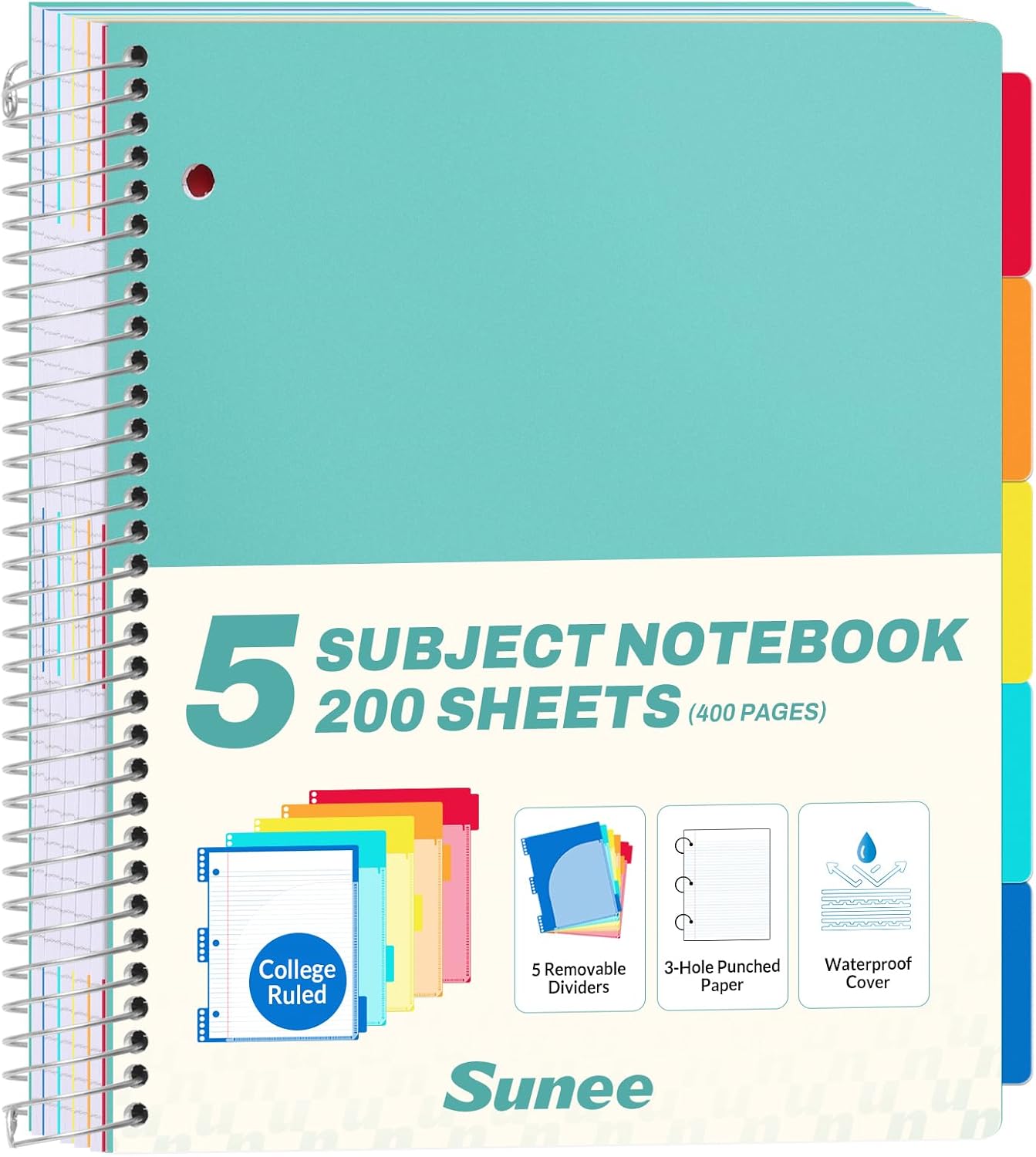 All-in-One Study Notebook with 5 Pocket Dividers, 400 College Ruled Pages and Binder-Ready Sheets