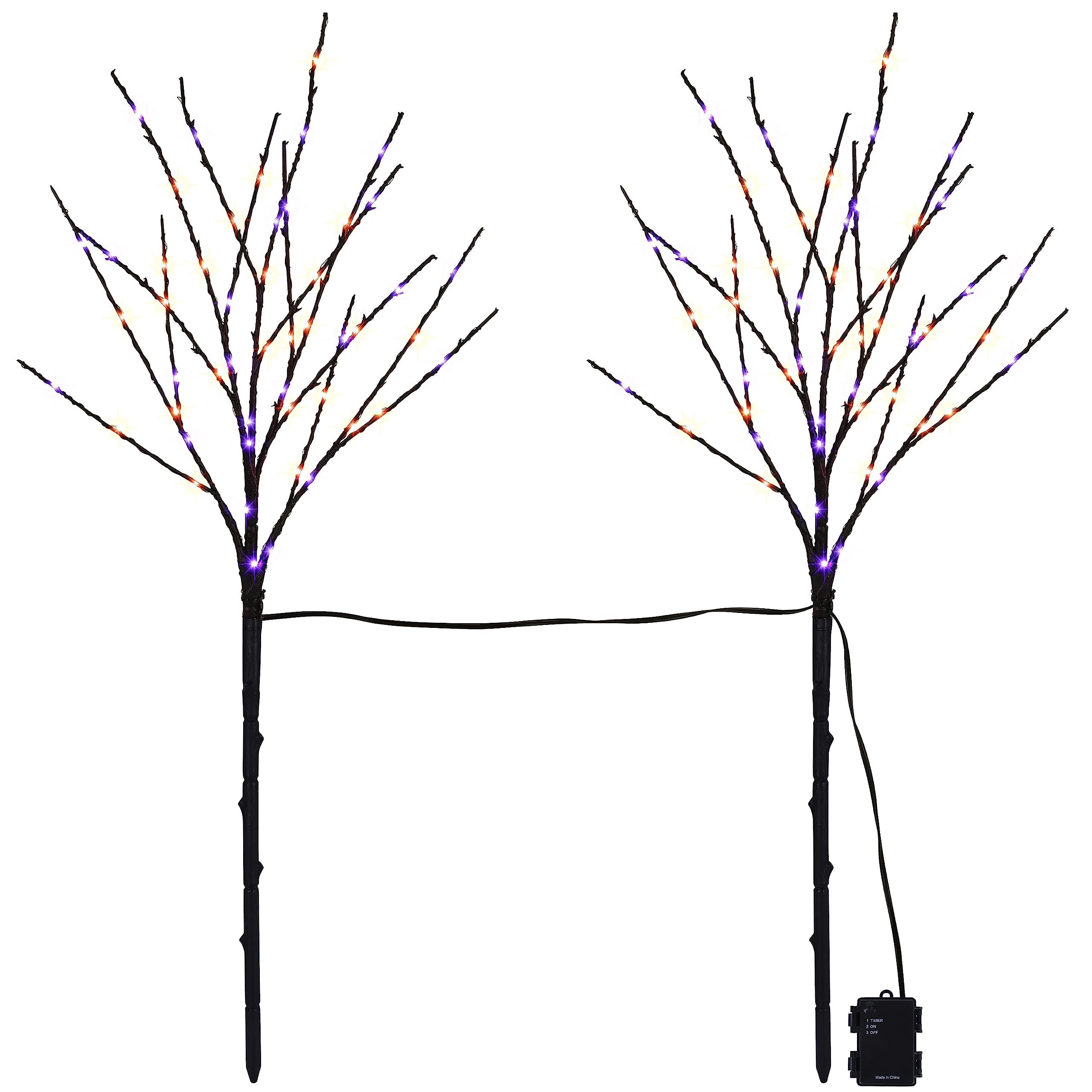 Halloween Lighted Tree Branches – 2 Pack 30" Black Artificial Trees with 100 LED Orange & Purple Lights, Timer Function & Adjustable Twigs