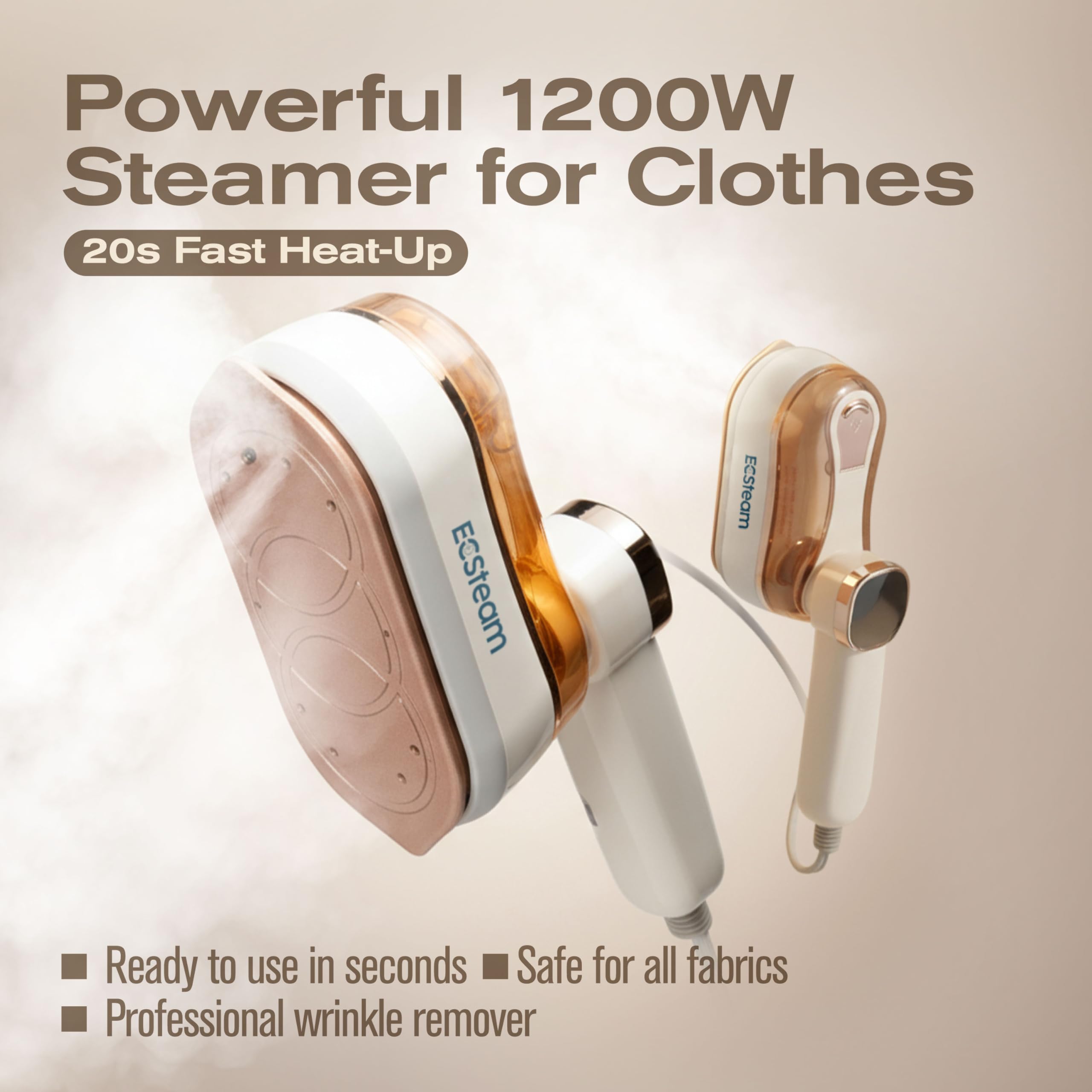 White 2-in-1 Professional Handheld Garment Steamer 1200W Foldable Travel Steam Iron with Ceramic Soleplate