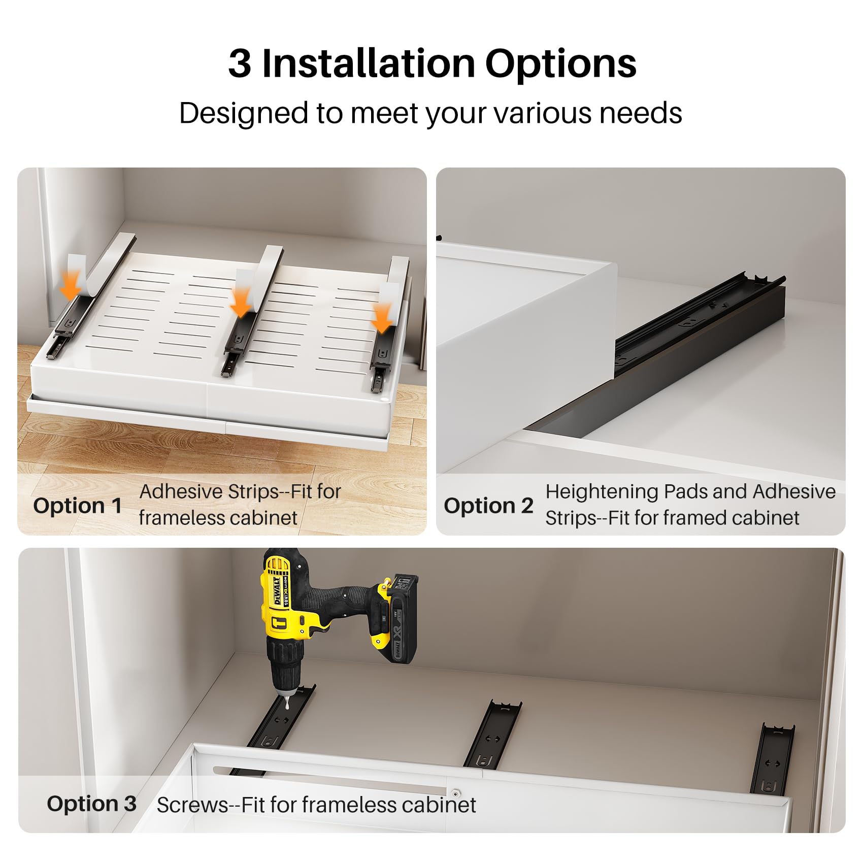Extra-Wide Pull-Out Cabinet Organizer – Full-Extension 3-Rail No-Drill Slide-Out Drawers (White)