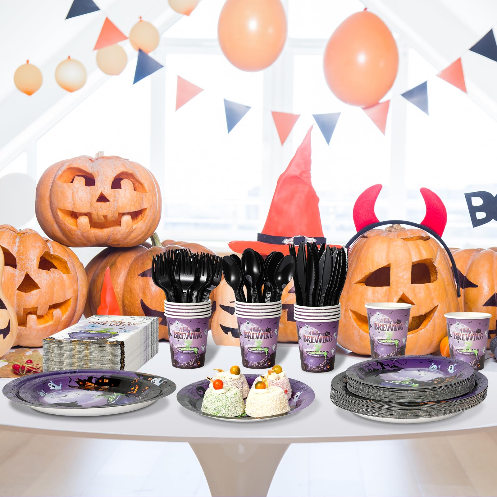 Halloween Baby Shower Party Supplies Set – Purple “A Baby is Brewing” Plates, Cups, Napkins & Cutlery for 25 Guests