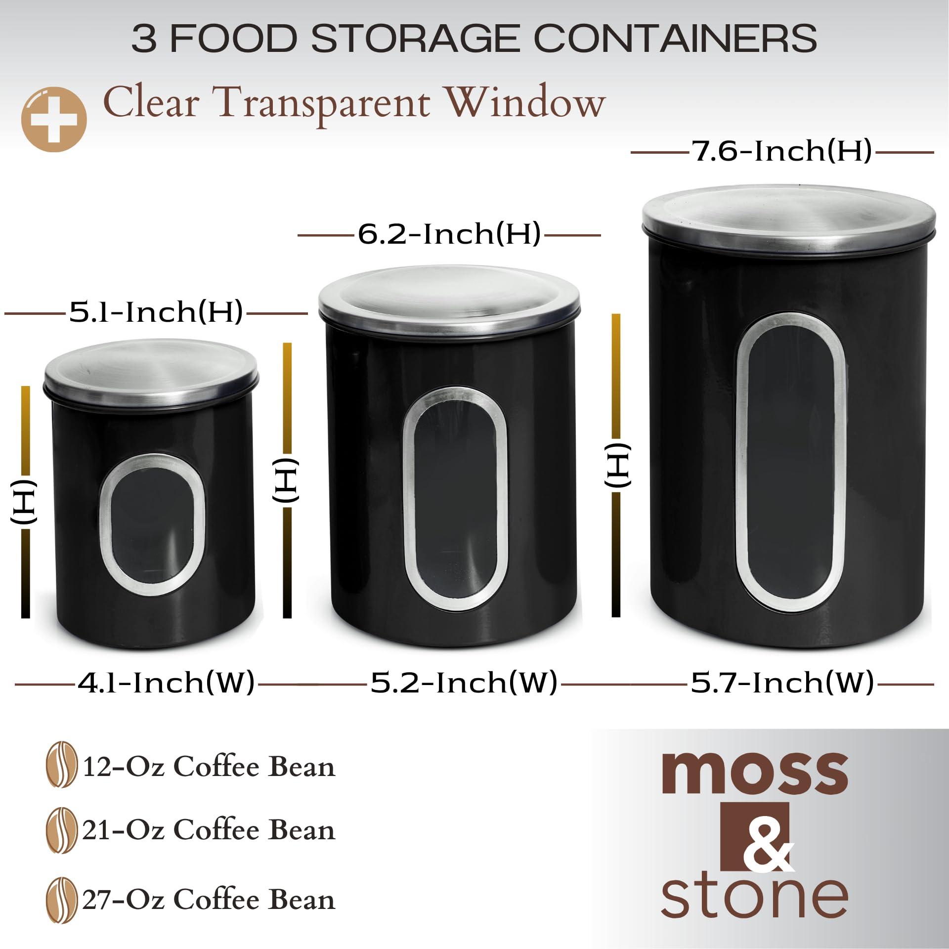 Airtight Metal Kitchen Canister Set – 3-Piece Stainless Steel Storage with Window (Black)