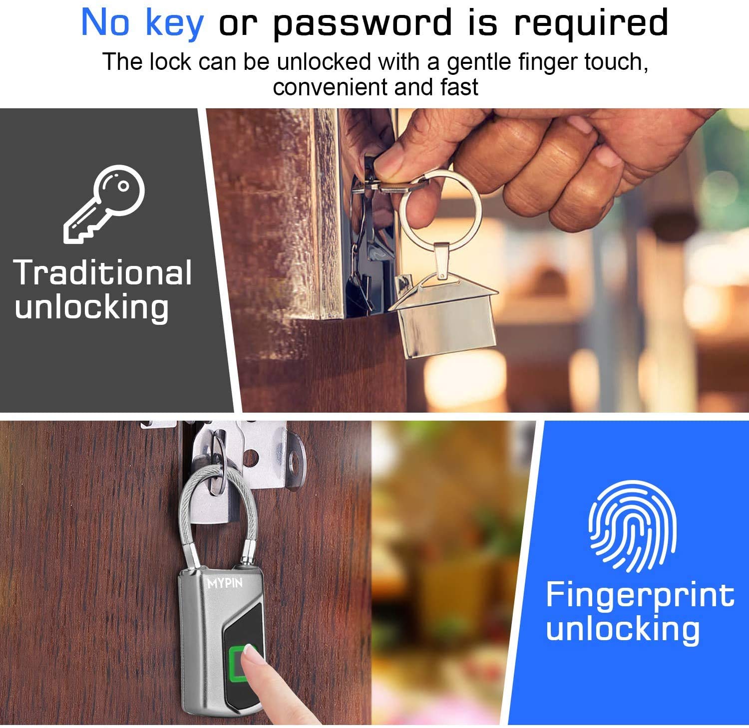 Waterproof Fingerprint Smart Padlock with Backup Key, USB Rechargeable Biometric Security Lock for Gym, Luggage & Storage