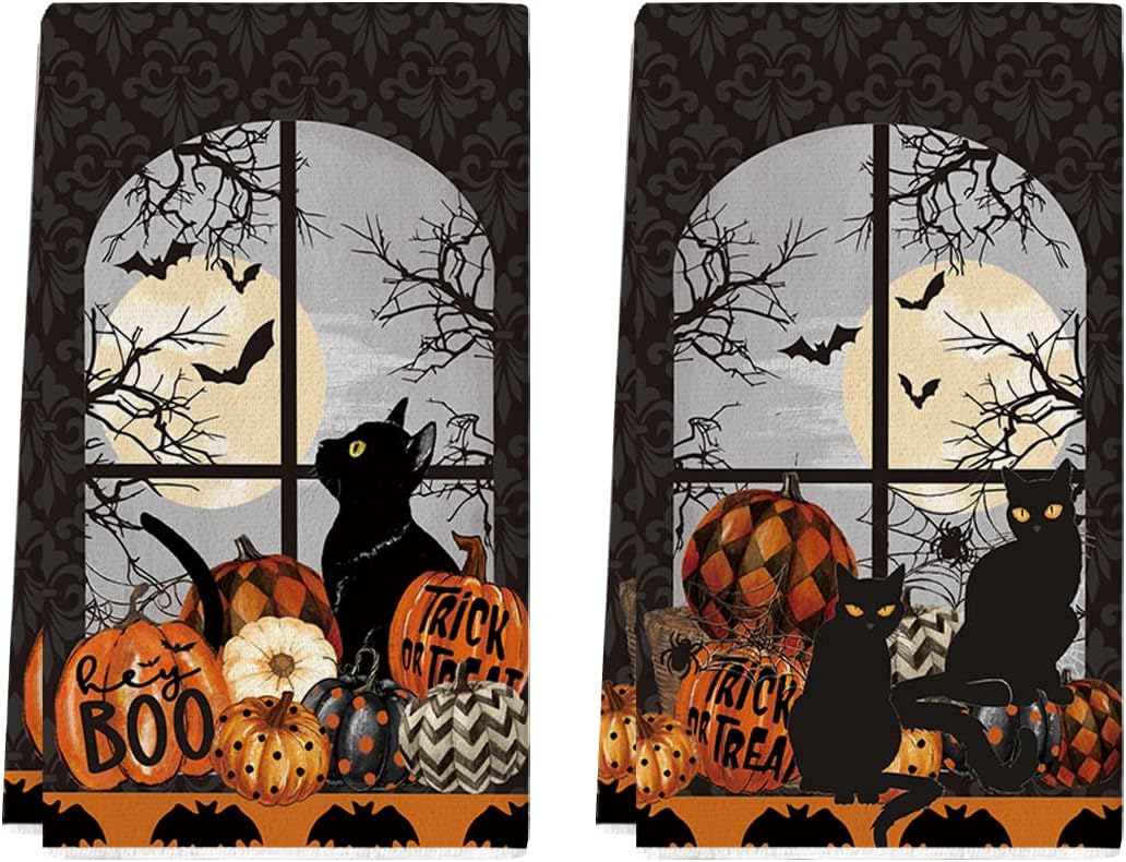 Black Halloween Kitchen Dish Towels – 2-Pack Ultra-Soft & Absorbent Tea Towels for Seasonal Kitchen Decor (18x26 Inches)