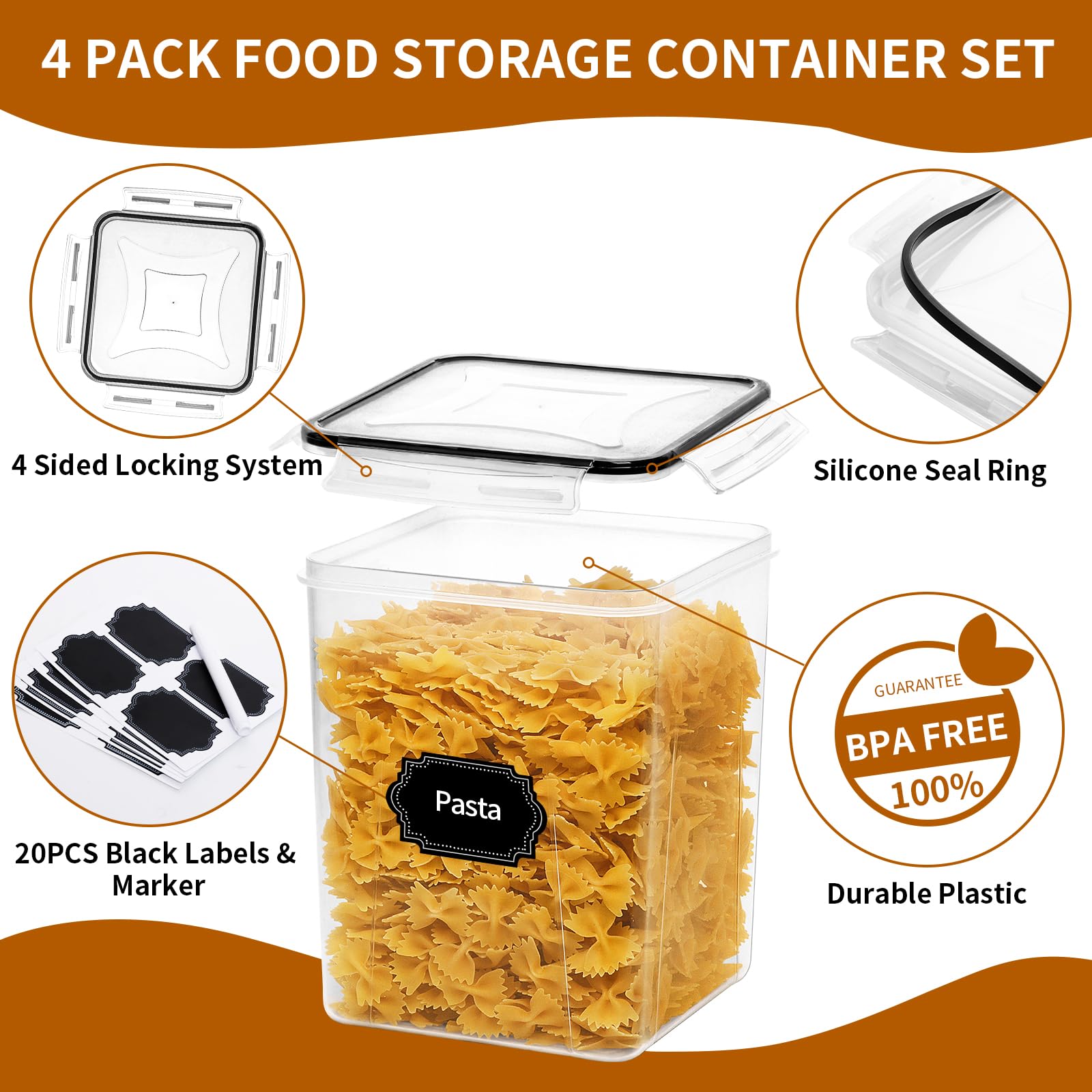 Large Airtight Pantry Storage Containers – 4-Piece 5.2L Cereal & Flour Container Set with Labels (Black)