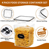 Large Airtight Pantry Storage Containers – 4-Piece 5.2L Cereal & Flour Container Set with Labels (Black)
