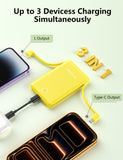 Mini 10000mAh Portable Power Bank with Built-in Charging Cables – Pocket Size Fast Charging Battery Pack for iPhone, Samsung & USB-C Devices (Yellow)
