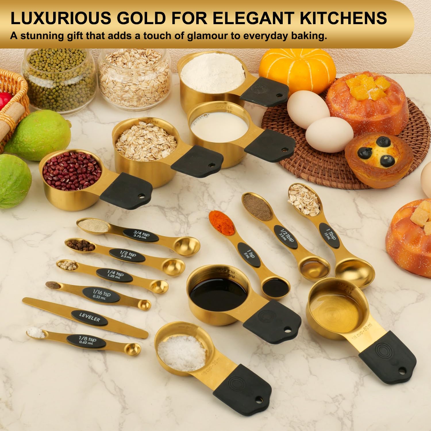 Gold Stainless Steel Measuring Cups & Spoons Set – Magnetic, Double-Sided, Precision Baking Tools (16-Piece)