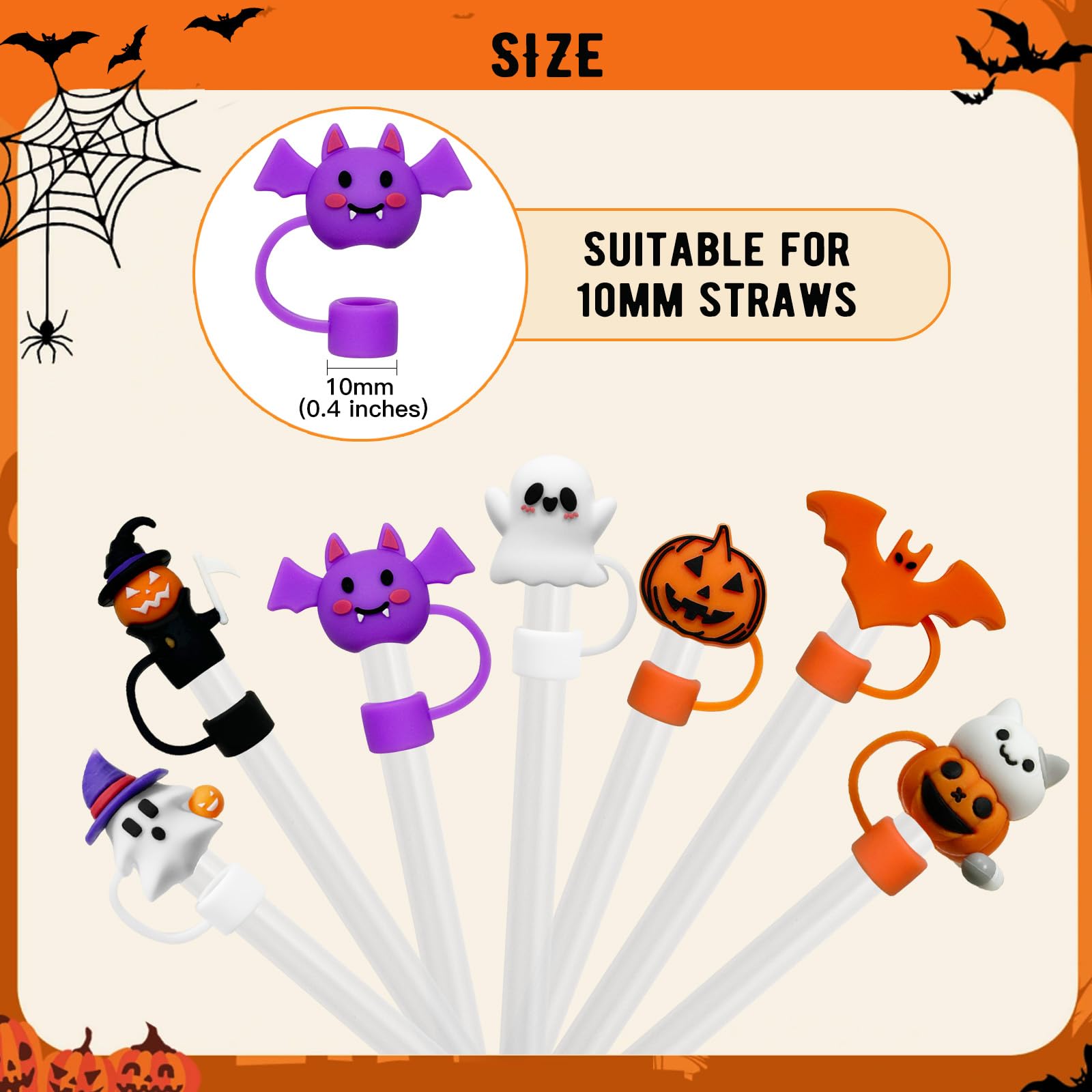 9 Pcs Halloween Silicone Straw Toppers – Pumpkin, Ghost & Bat Covers for Stanley 30/40oz Tumblers