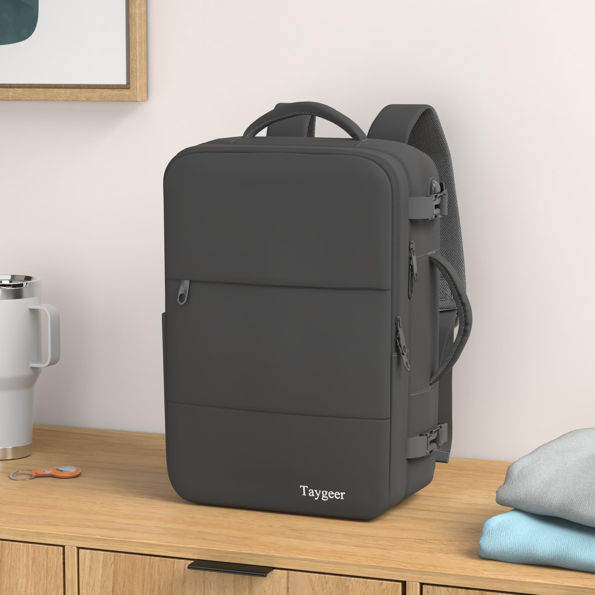 Taygeer Carry-On Travel Backpack with USB Charging Port & Shoe Compartment – 17.3” Laptop, Black