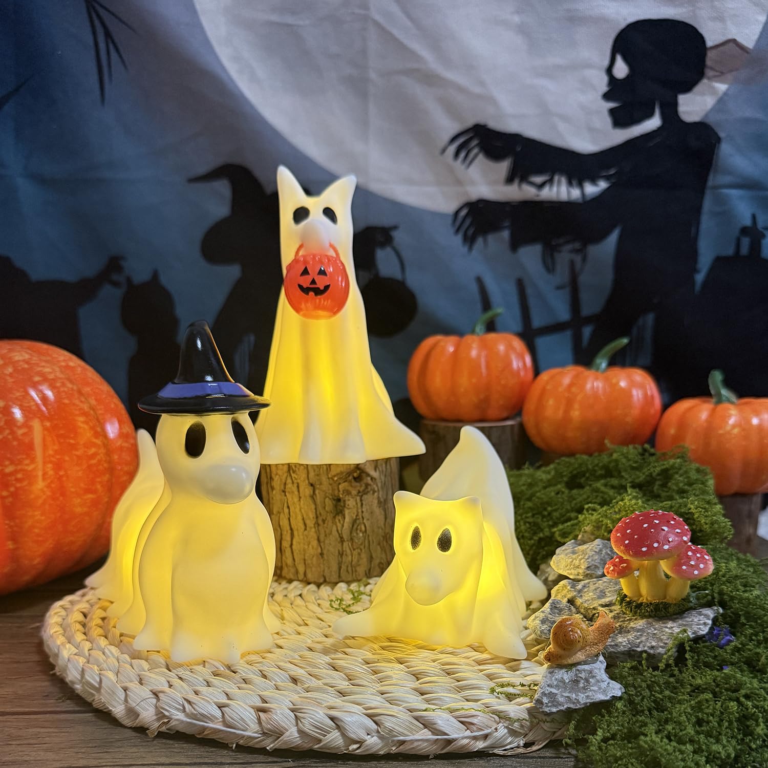 Set of 3 Light-Up Ghost Dogs – Handmade LED Halloween Decorations for Home, Office & Pet Lovers