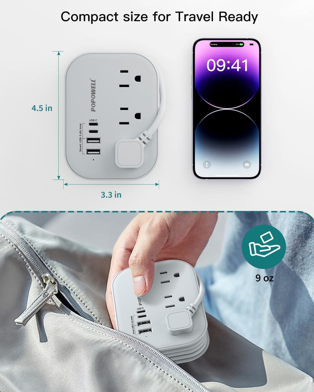 Flat Plug Travel Power Strip with USB-C – Compact 6-in-1 Desktop Charging Station (Grey)