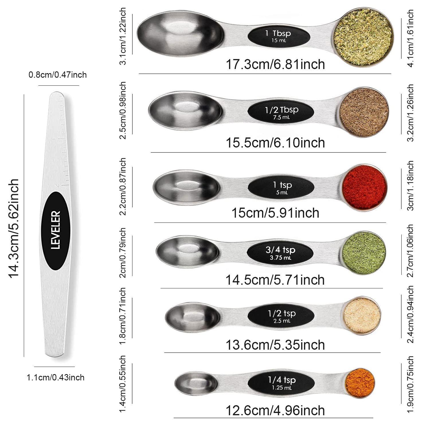 Magnetic Stainless Steel Measuring Spoons Set with Leveler & Stackable Design