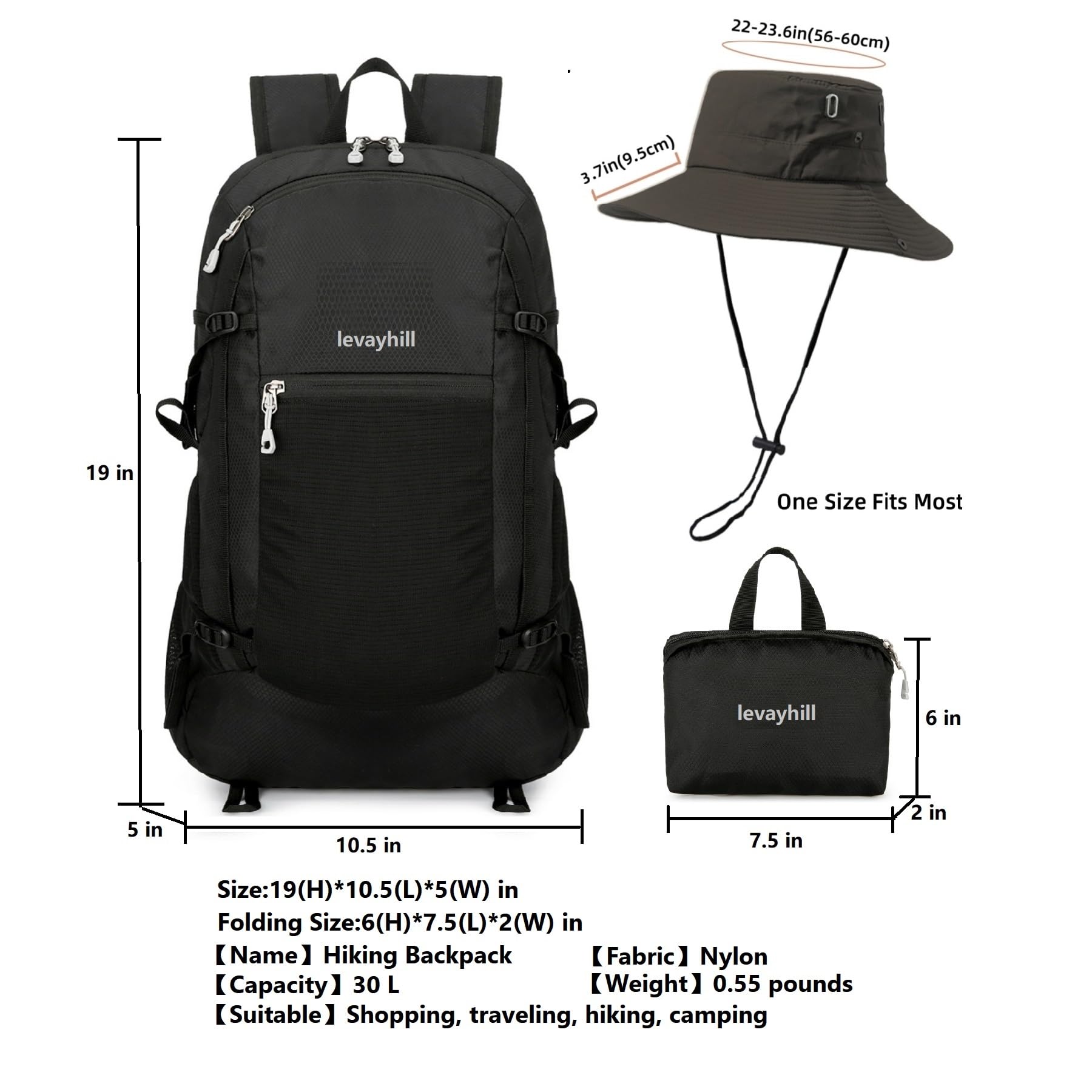 LEVAYHILL 30L Foldable Backpack & Bucket Hat 2-in-1 Lightweight Packable Travel Set – Black