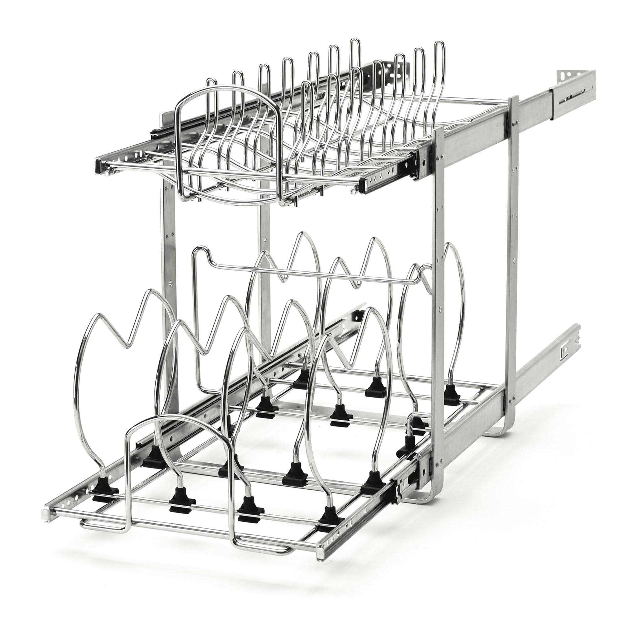 2-Tier Pull-Out Cookware Base Cabinet Organizer – Chrome Adjustable Shelf System