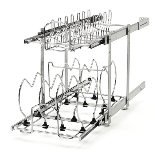 2-Tier Pull-Out Cookware Base Cabinet Organizer – Chrome Adjustable Shelf System