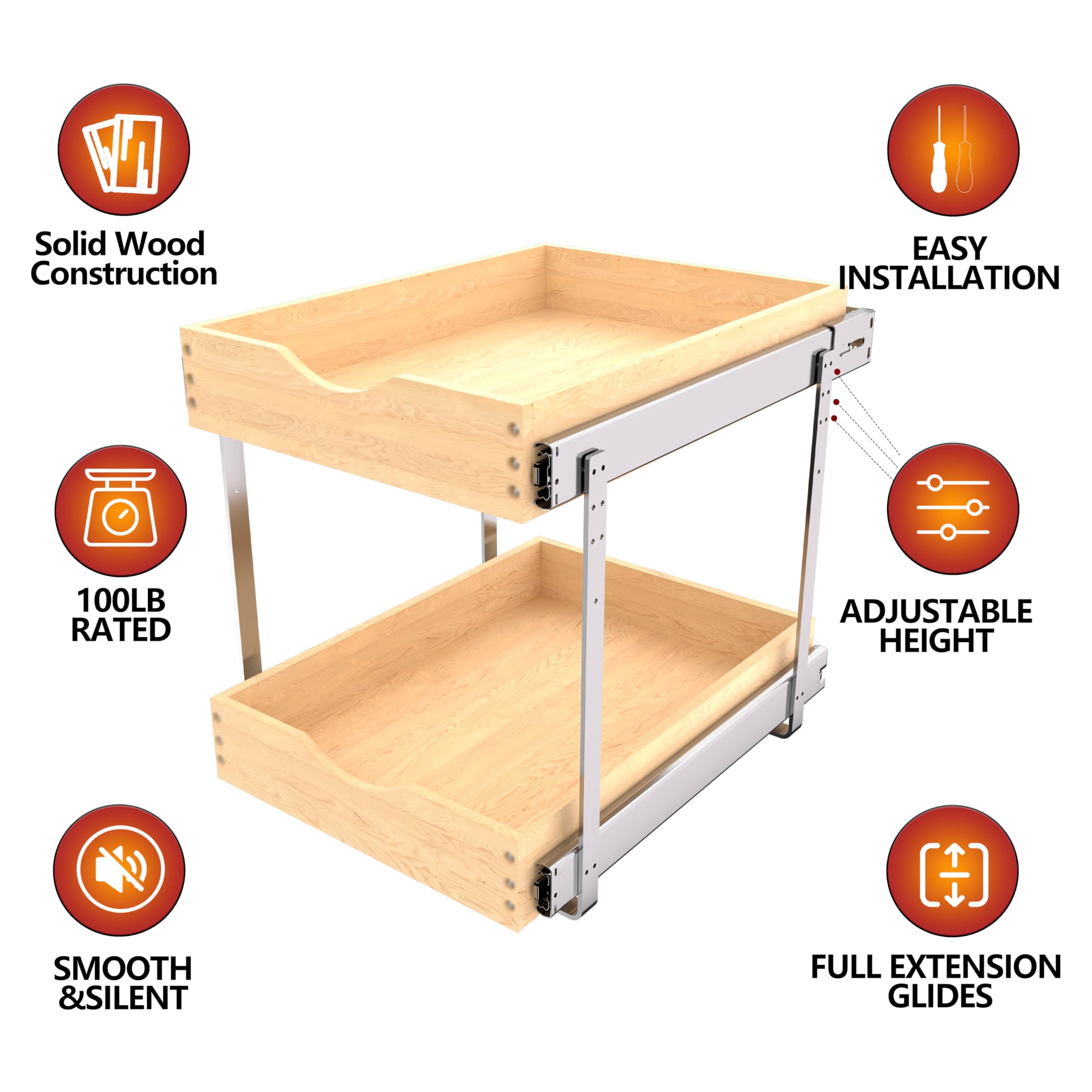 Jowboow Compact 2-Tier Wooden Pull-Out Cabinet Shelves – Heavy-Duty Independent Slide-Out Drawers