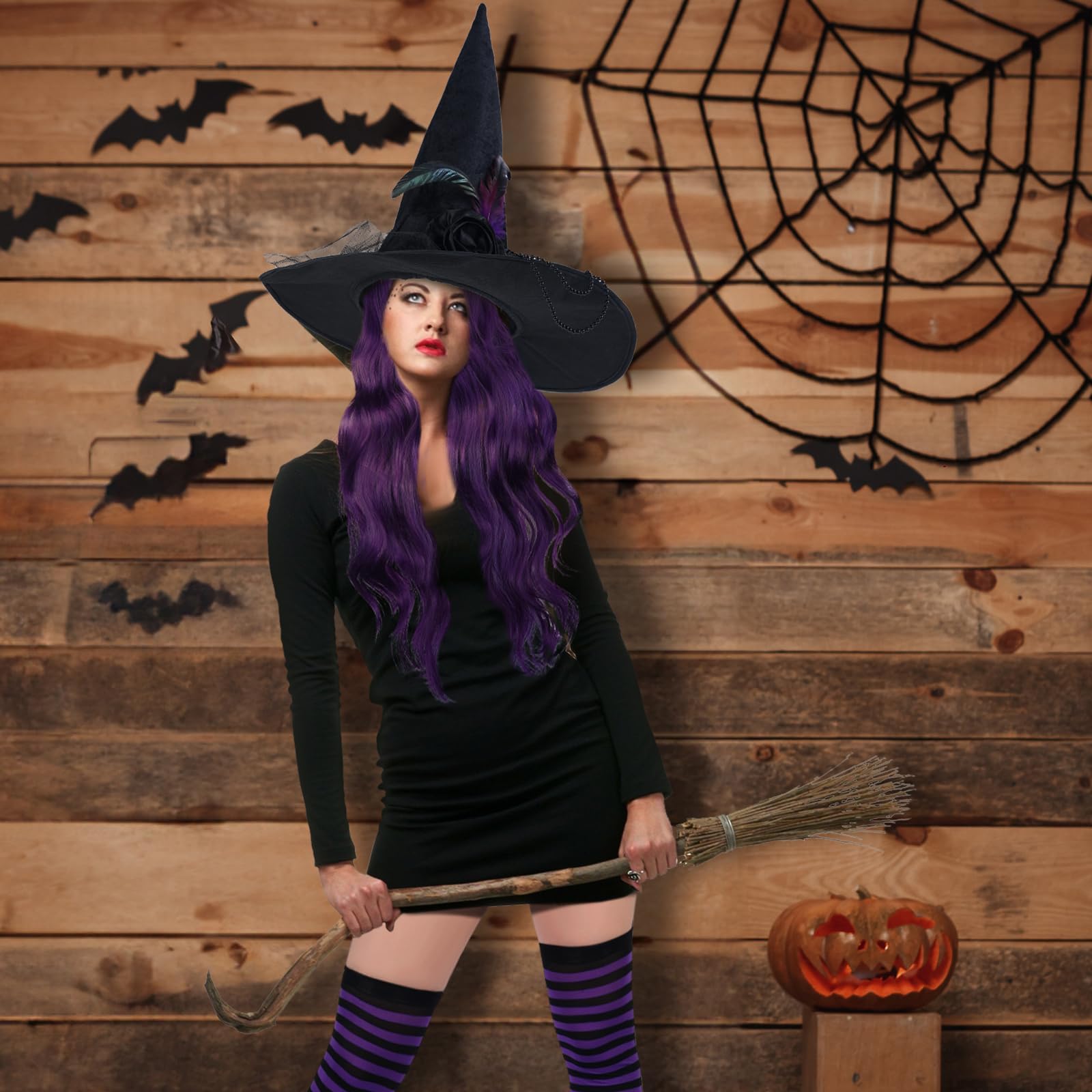 Purple Witch Costume Accessories Set – 3-Piece Halloween Kit with Black Hat, Wig & Striped Stockings