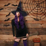 Purple Witch Costume Accessories Set – 3-Piece Halloween Kit with Black Hat, Wig & Striped Stockings