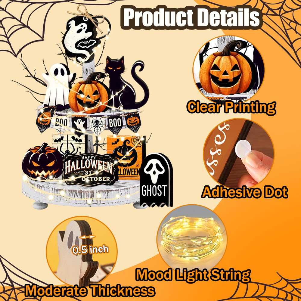 Halloween Tiered Tray Decor Set – 17-Piece Wooden Sign Kit with Warm Lights, Ghosts, Pumpkins & Cats