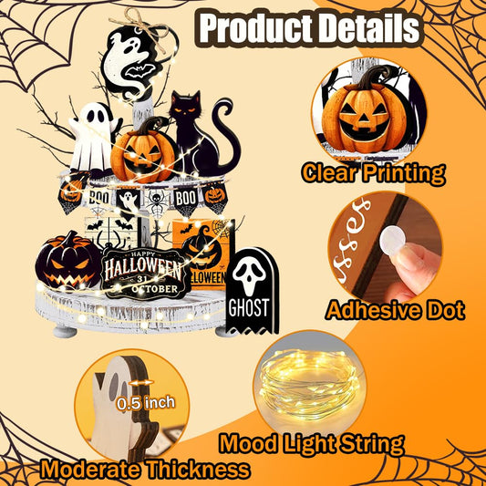 Halloween Tiered Tray Decor Set – 17-Piece Wooden Sign Kit with Warm Lights, Ghosts, Pumpkins & Cats