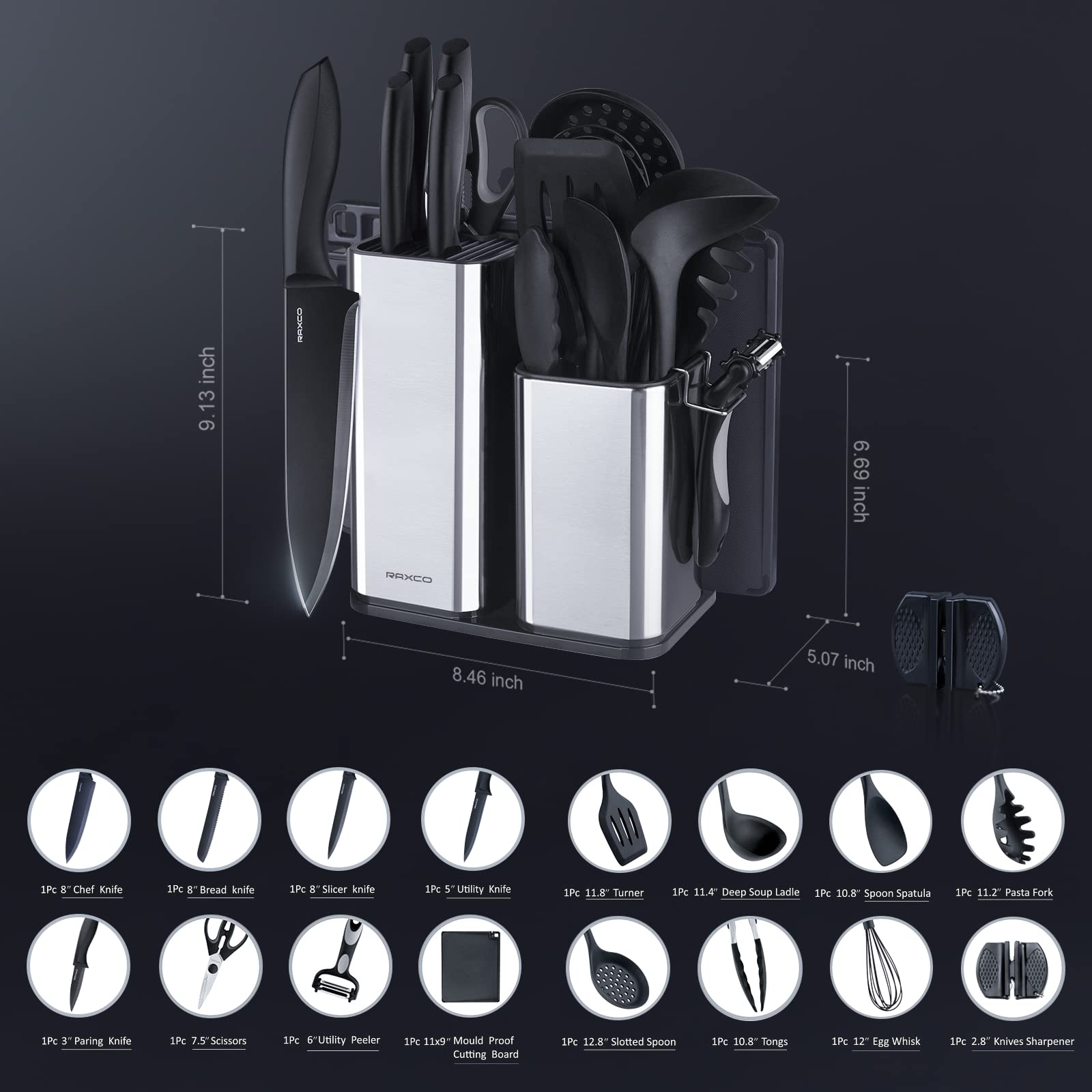 Complete Black Kitchen Utensil Set with Knives, Cutting Board & Silicone Tools – All-in-One Cooking Kit