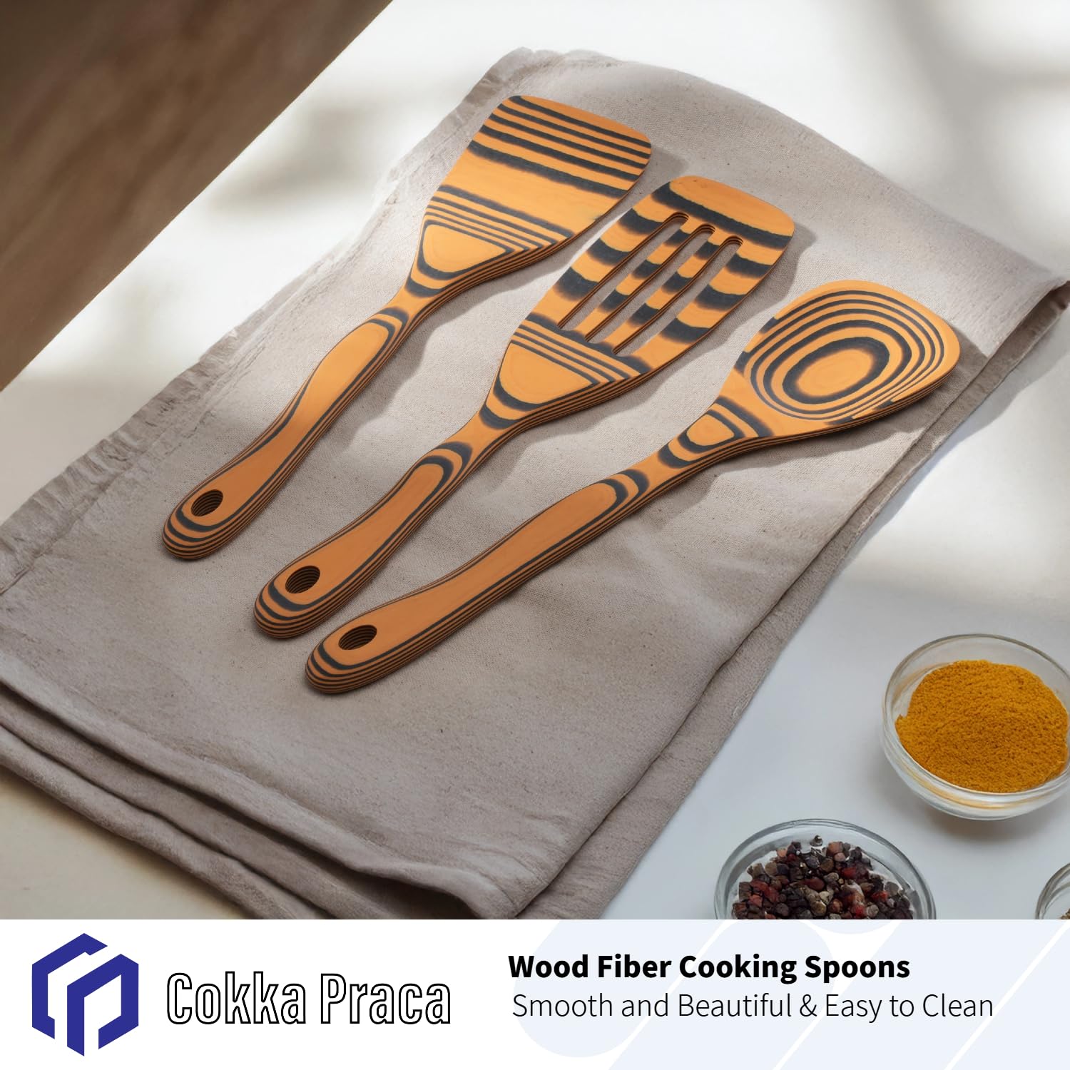 3-Piece Pinewood Fiber Wooden Spoon Set – Heat Resistant, Non-Stick Safe (Natural & Slate)