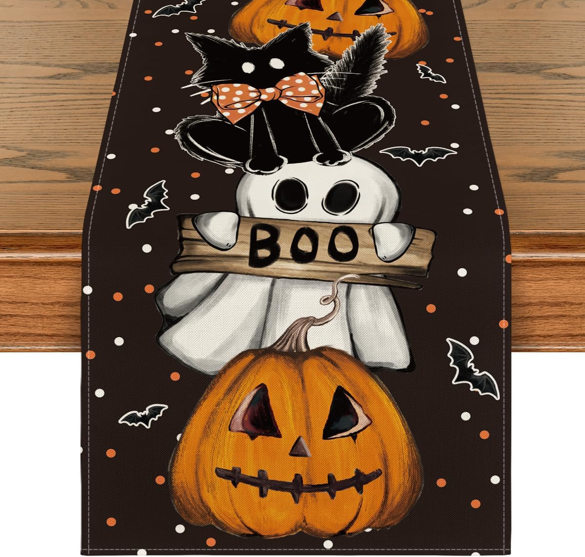 Black Halloween Table Runner – 13x72" Durable Polyester Runner with Spooky Print for Dining & Parties