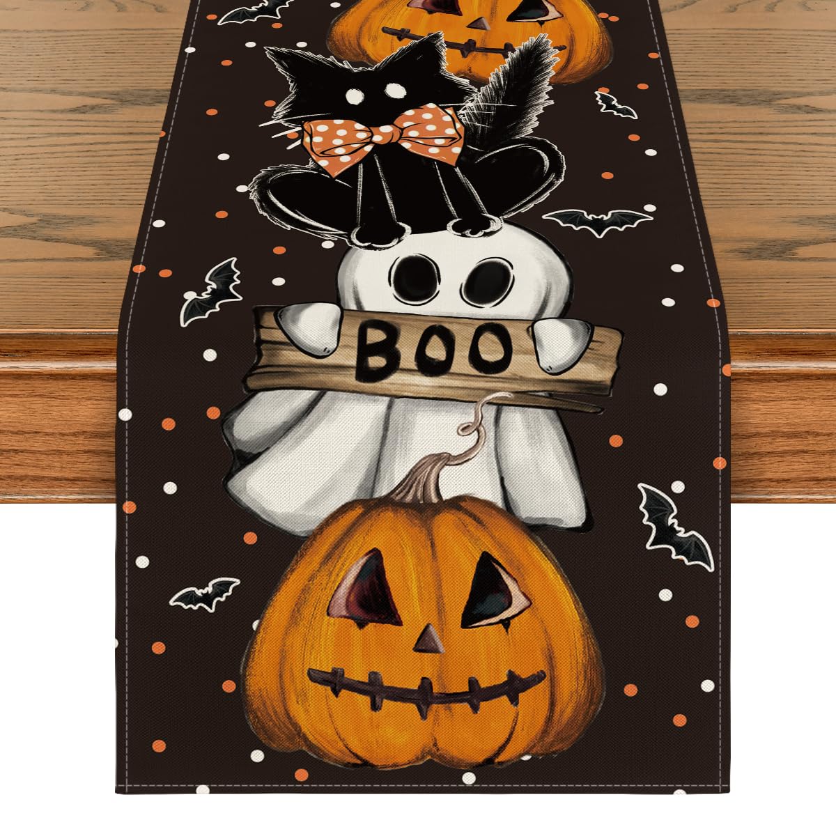 Black Halloween Table Runner – 13x72" Durable Polyester Runner with Spooky Print for Dining & Parties