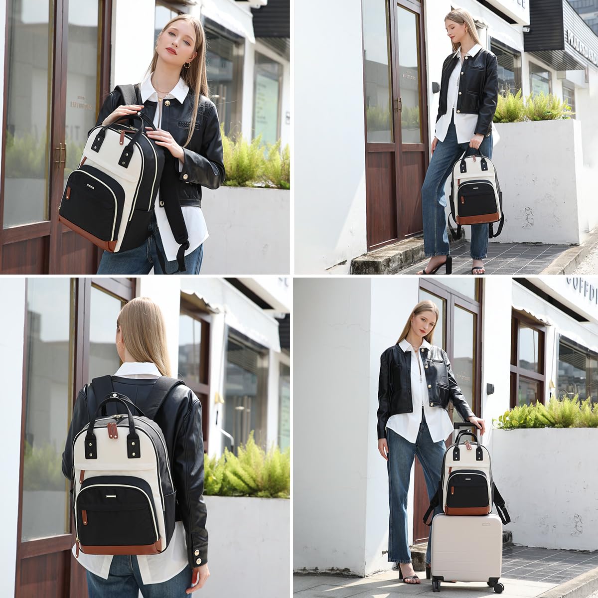 Women’s Laptop Backpack with USB Charging Port – Stylish Business & Travel Backpack for 15.6″ Laptops (Black Beige)